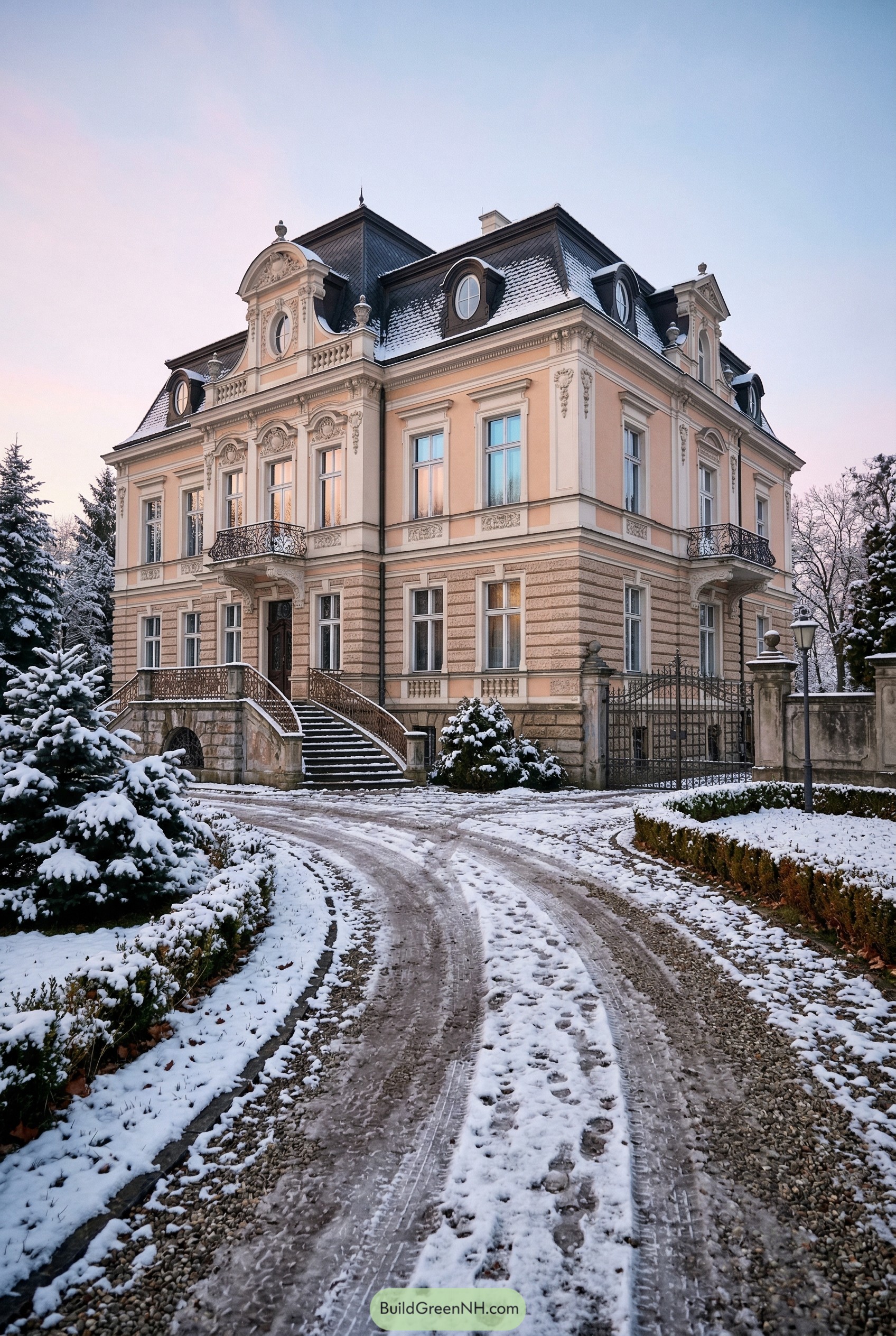 Ornate peach manor with mansard roof in snow