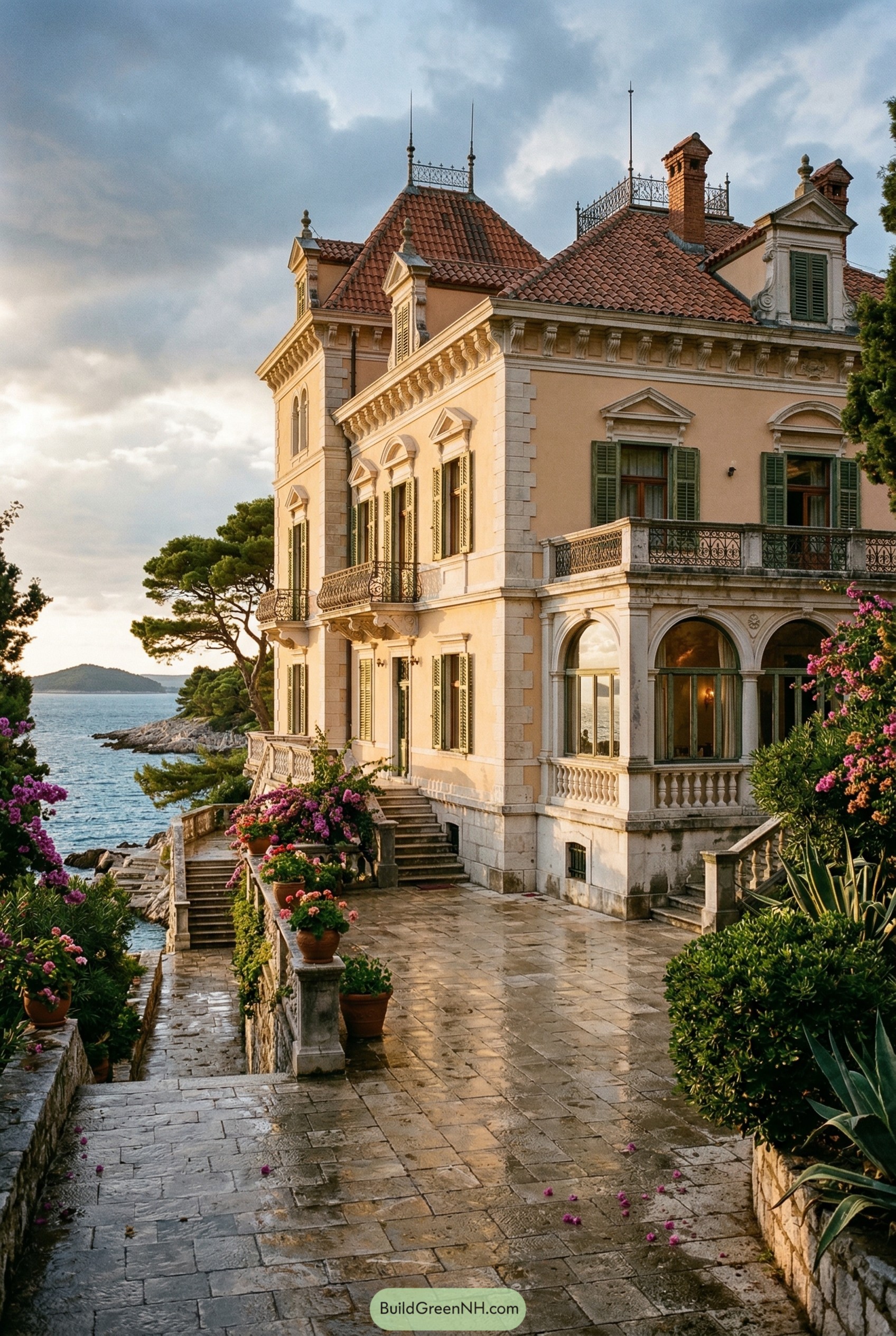 Ornate coastal palazzina with arched loggia
