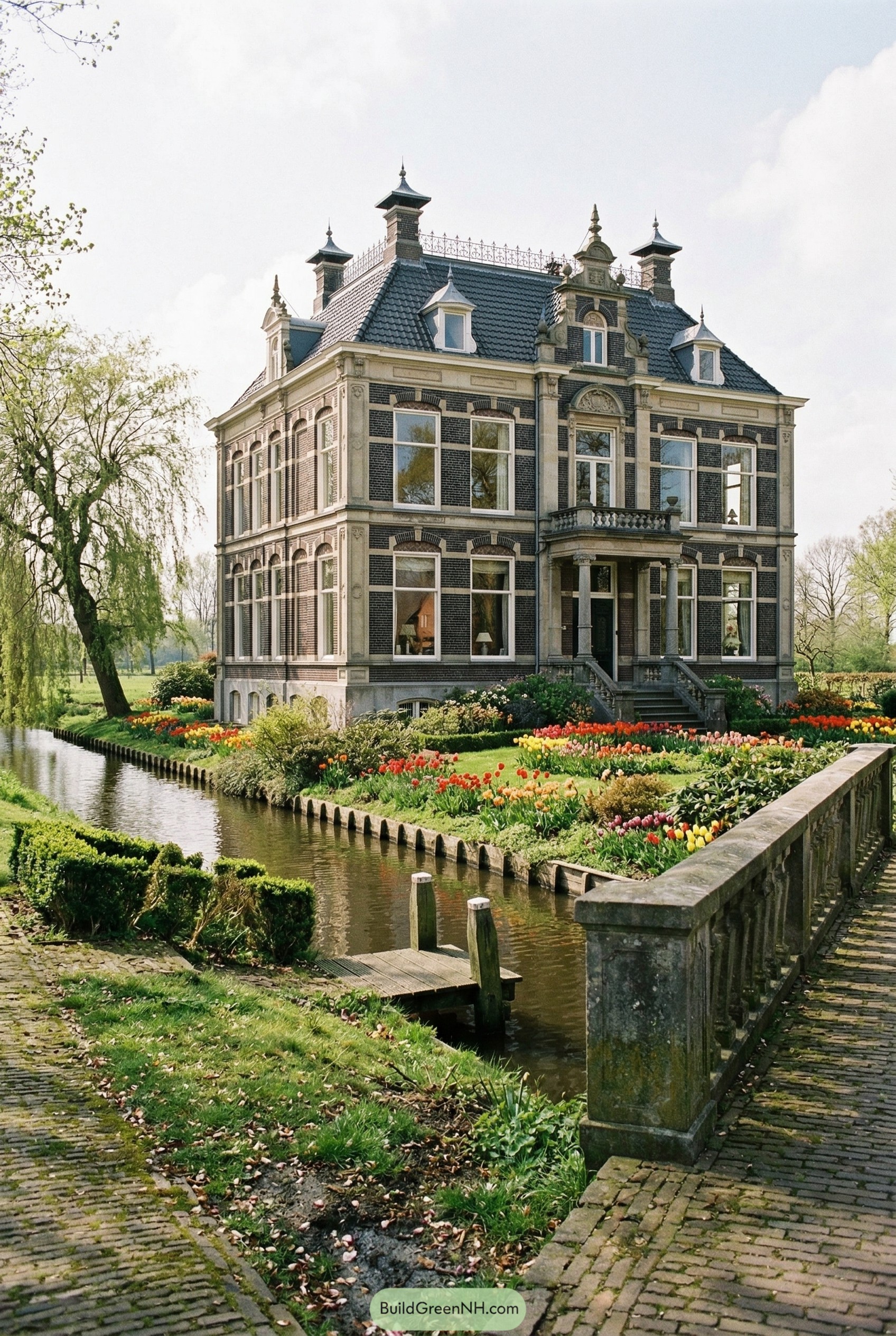 Ornate brick manor beside a canal