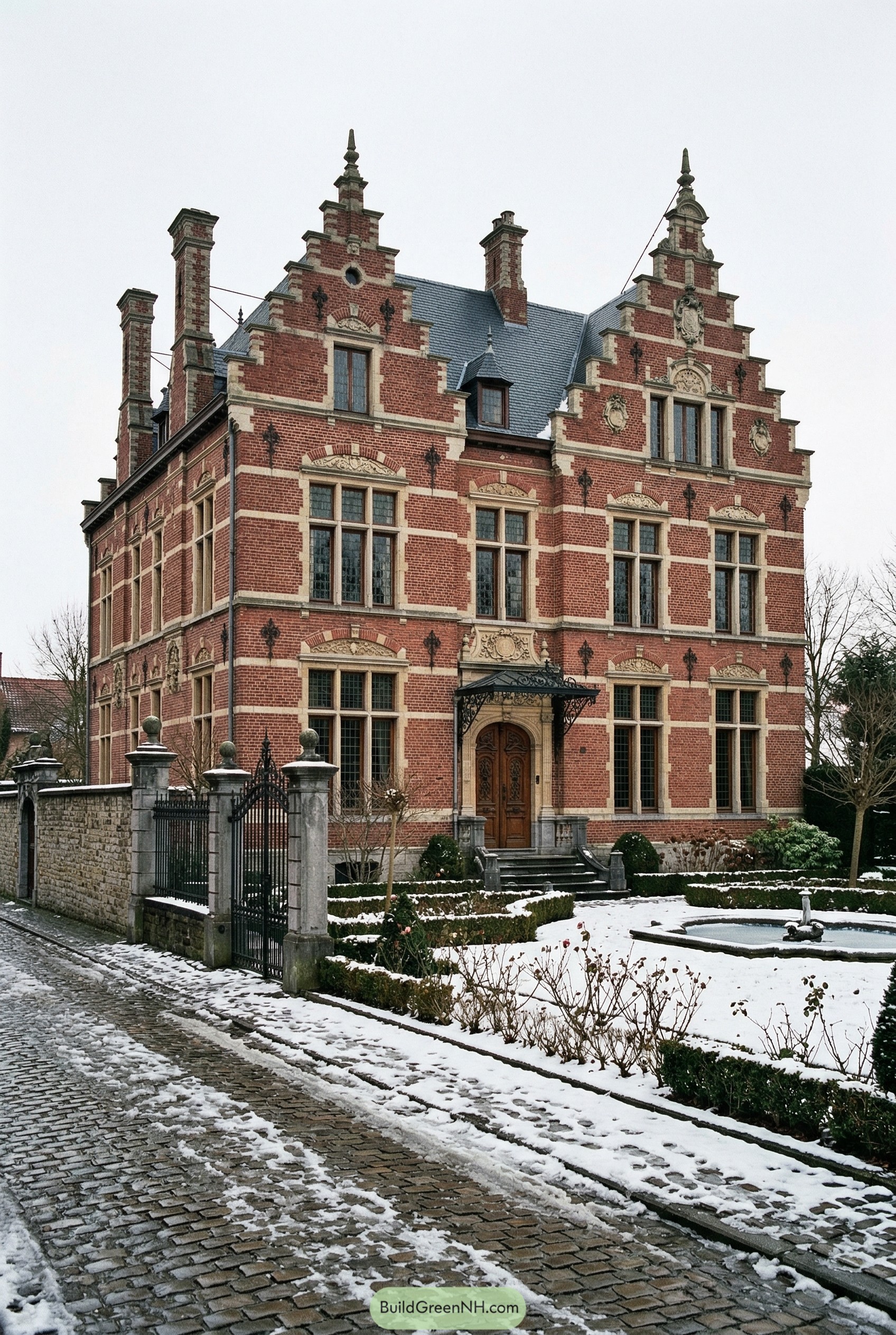 Ornate red brick manor with stepped gables
