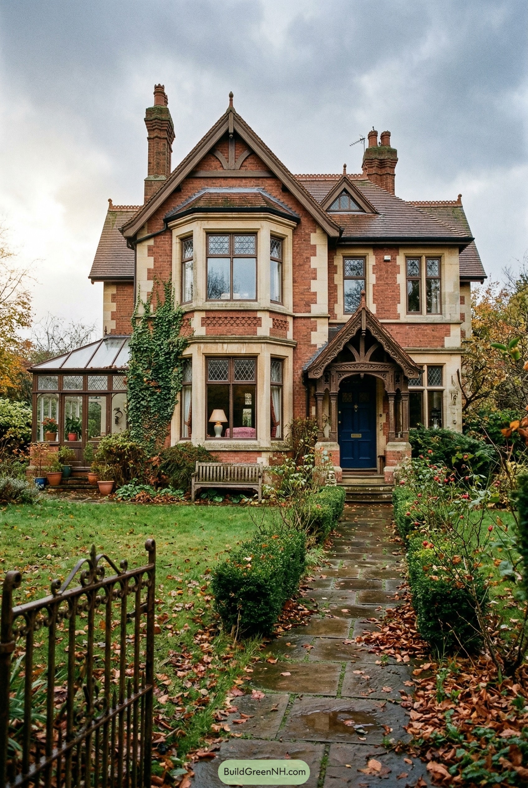 Victorian brick house with ornate gables and bay windows