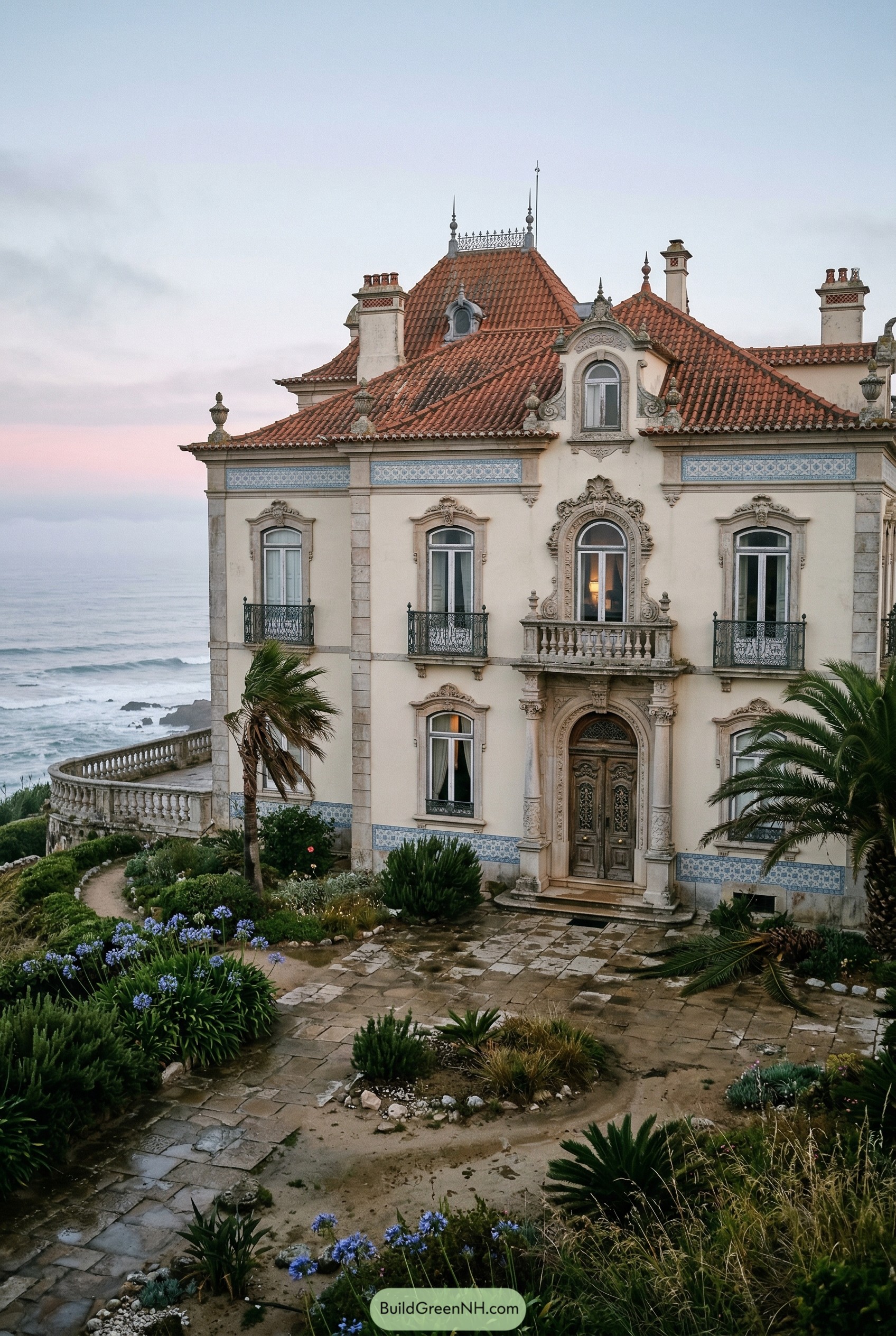 Ornate coastal villa with terracotta roof