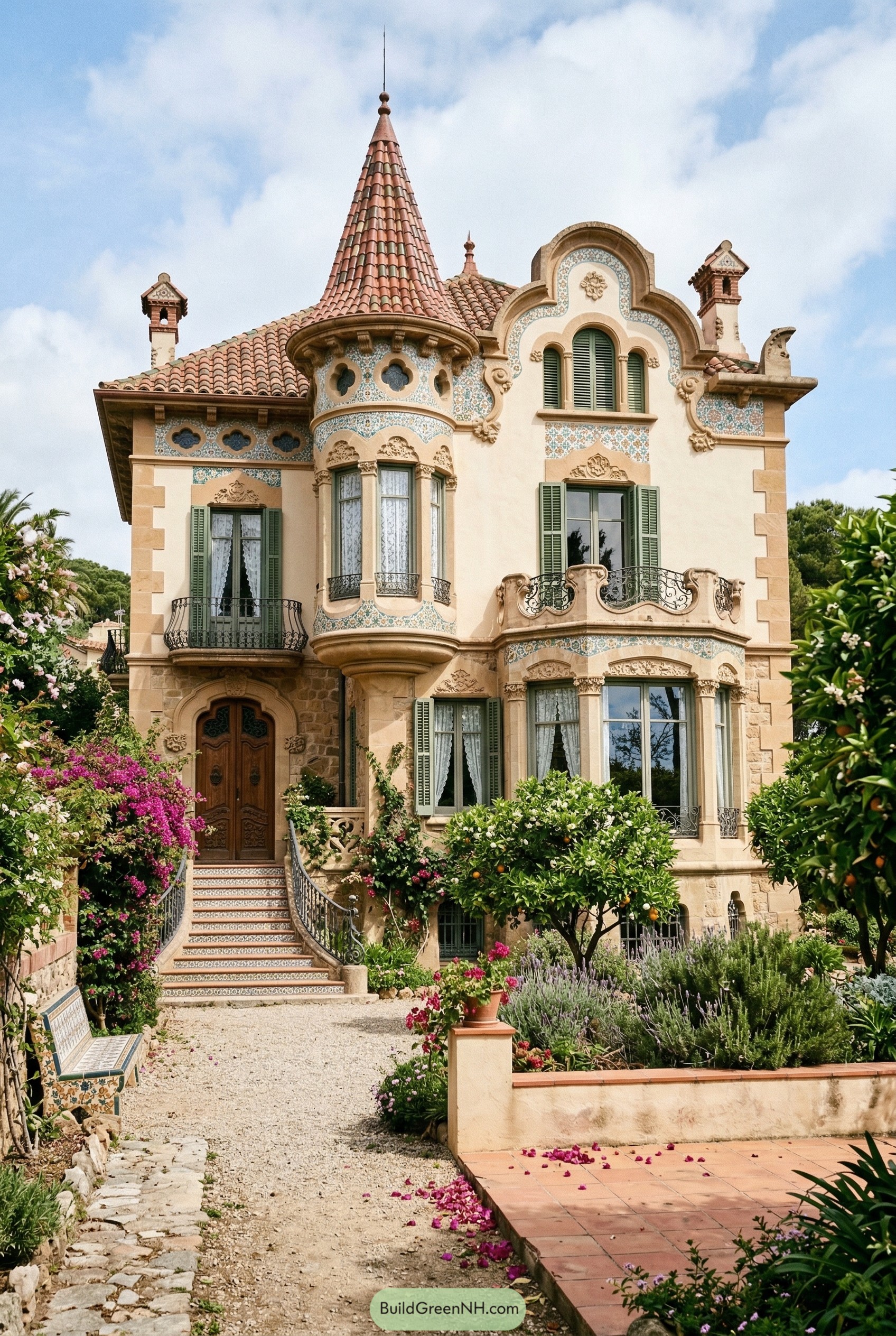 Ornate Mediterranean villa with tiled turret