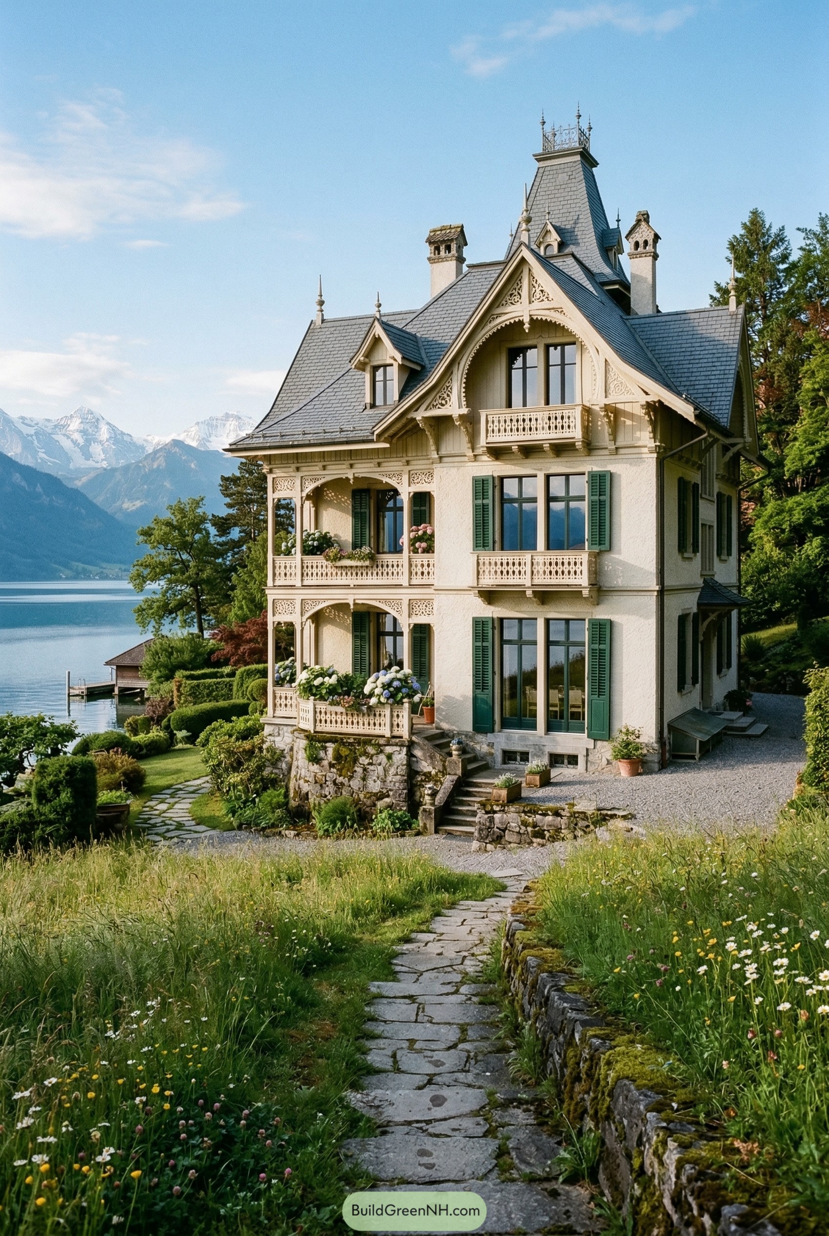 Ornate lakeside alpine villa with balconies