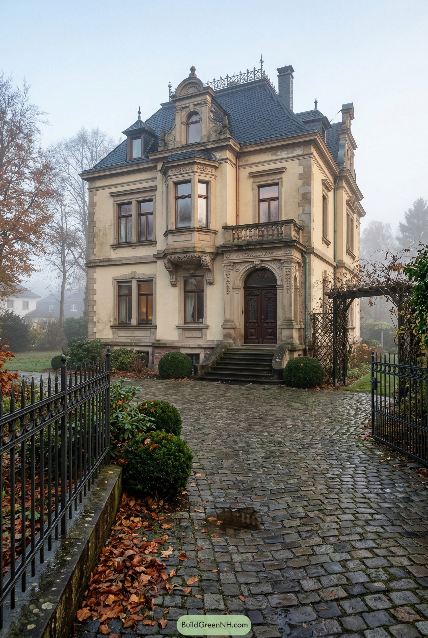 Ornate villa with mansard roof and carved entry