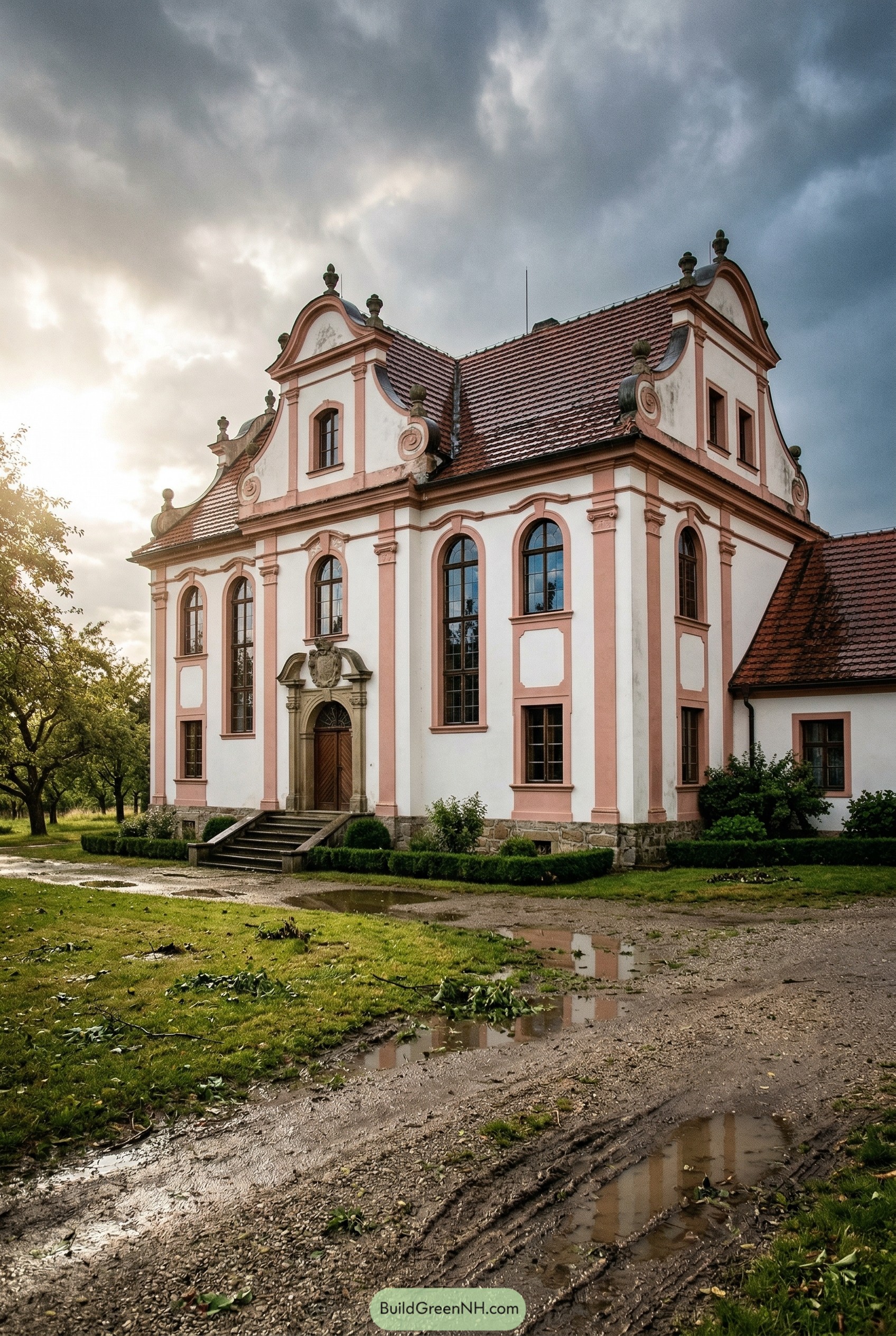 Pink and white baroque manor with curving gables