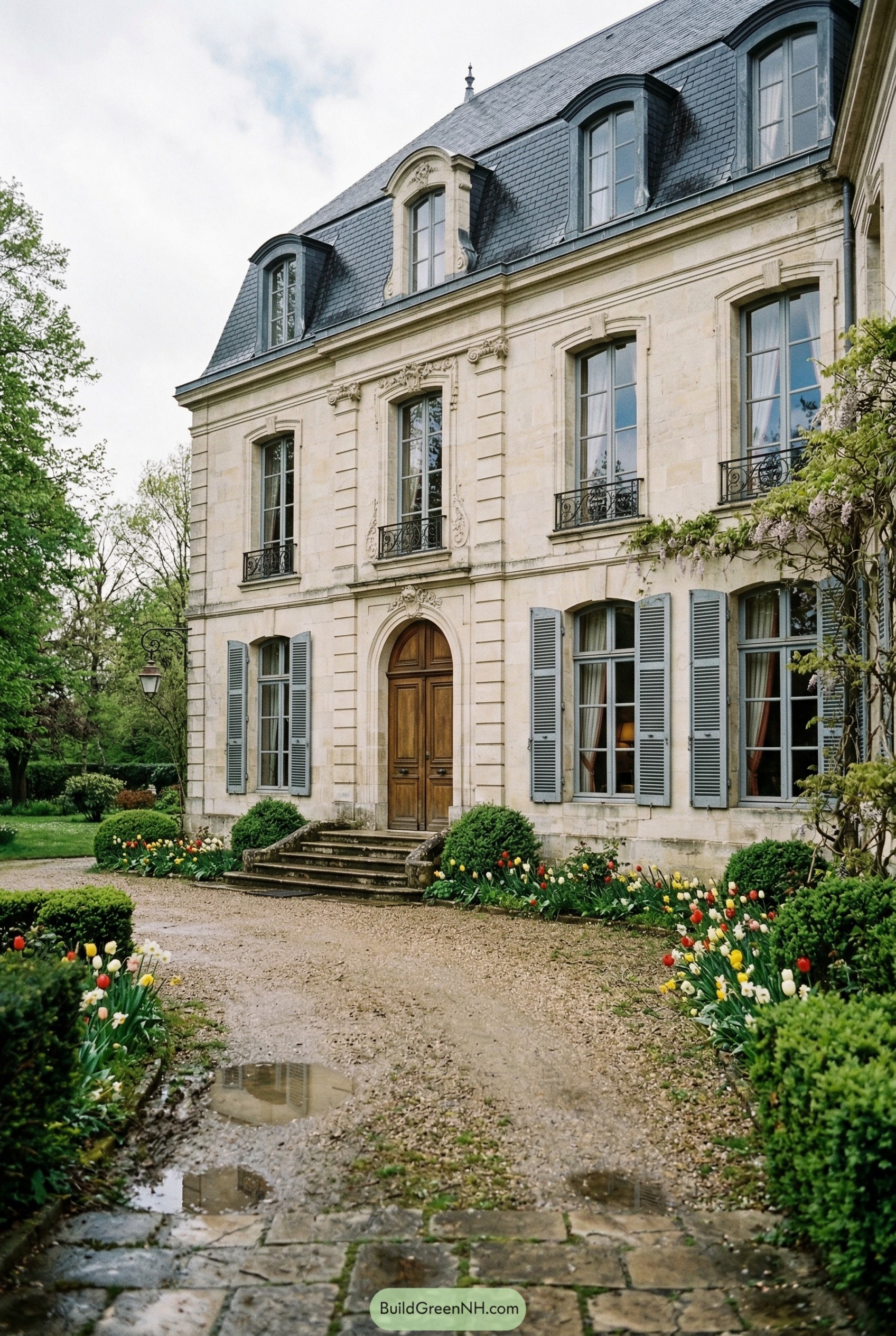 French stone manor with mansard roof and shutters