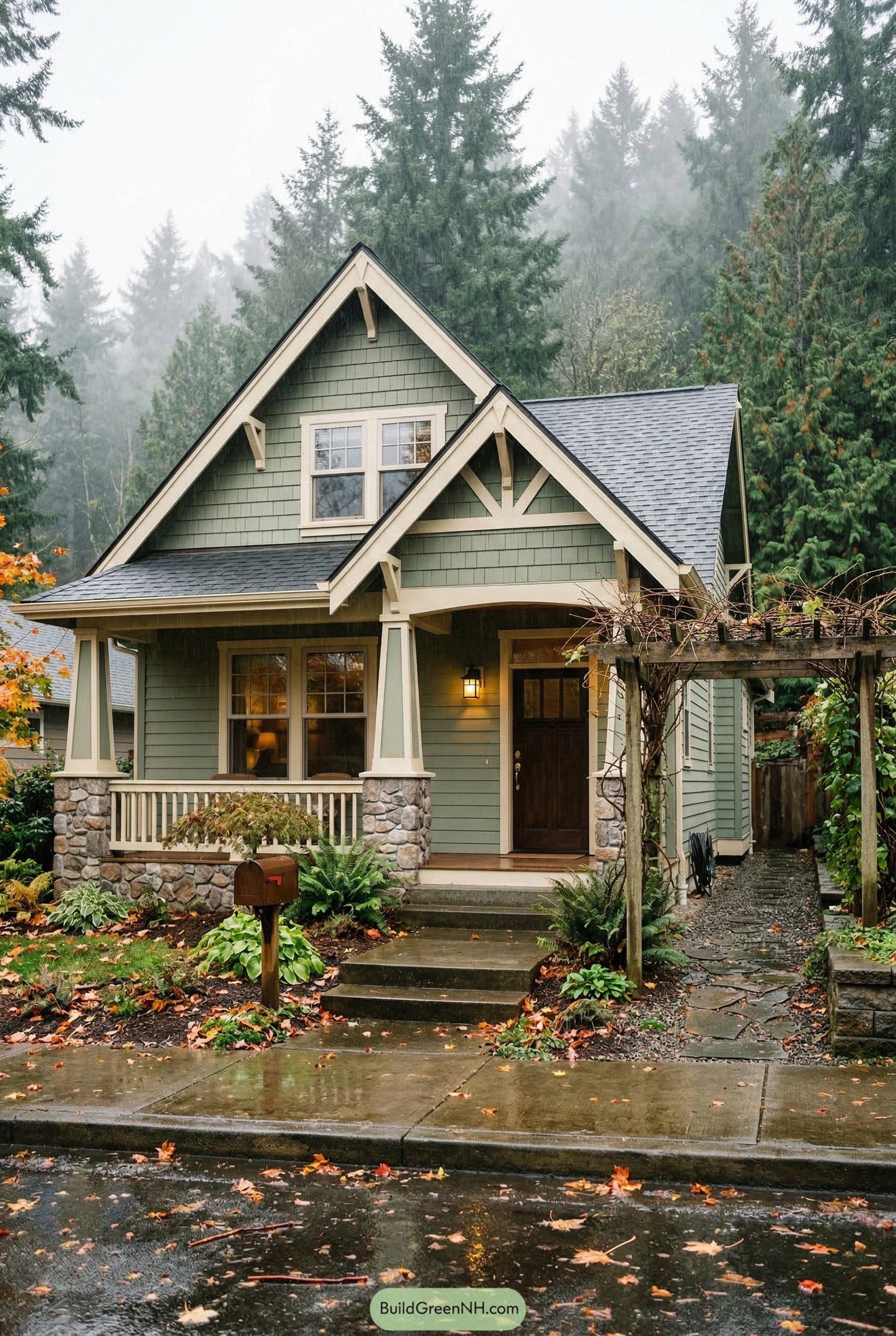 Green craftsman cottage with stone porch