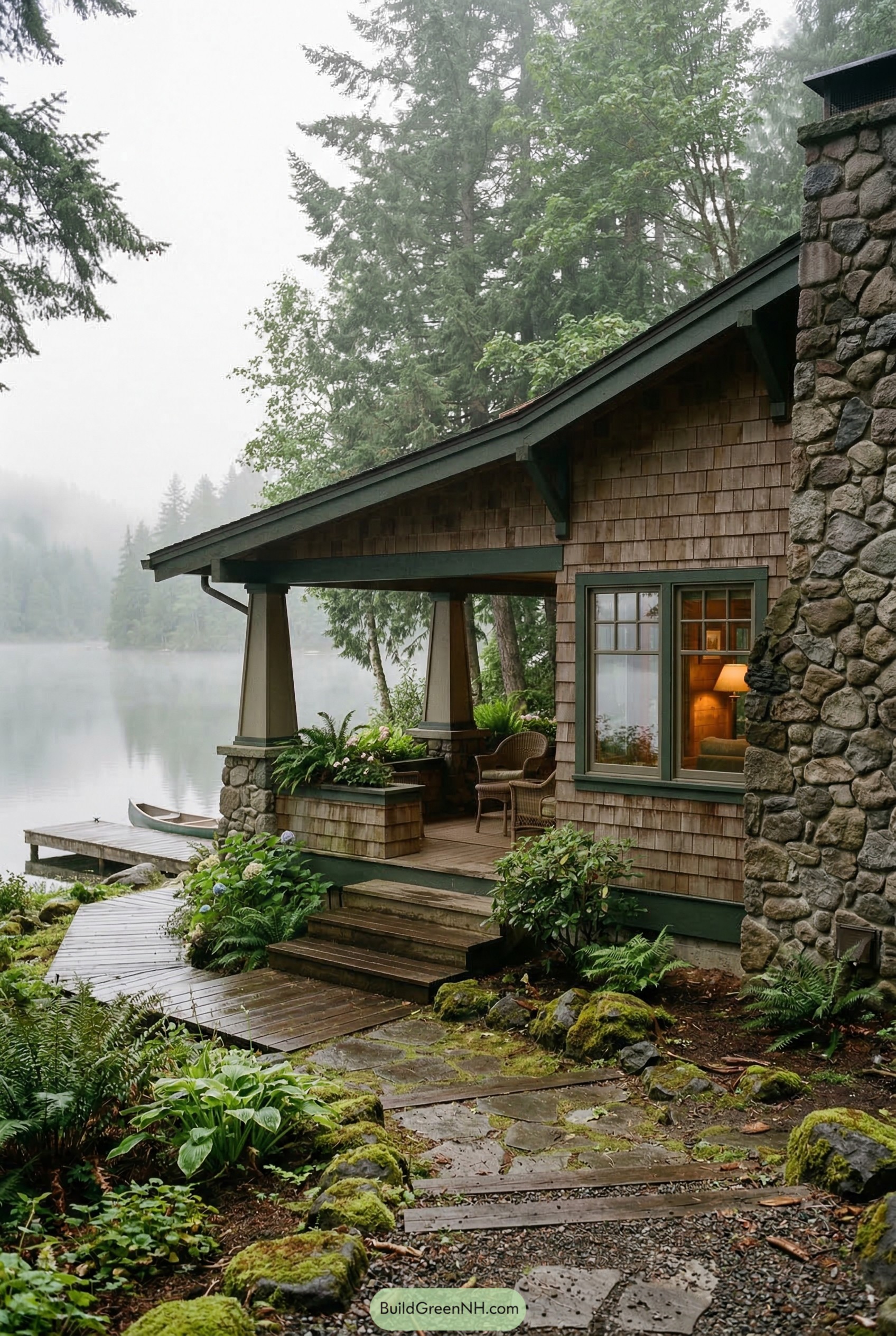 Lakeside craftsman cottage with stone chimney