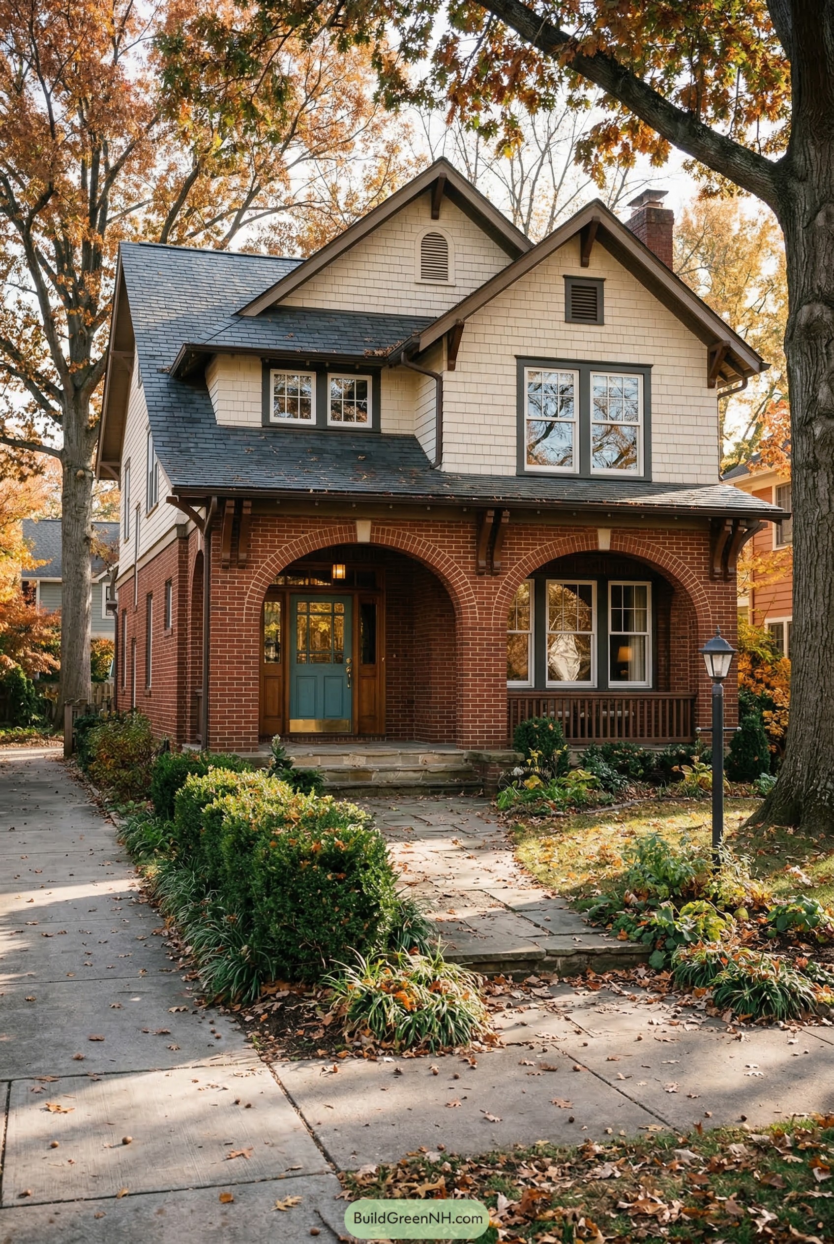 Two story craftsman house with brick arched porch