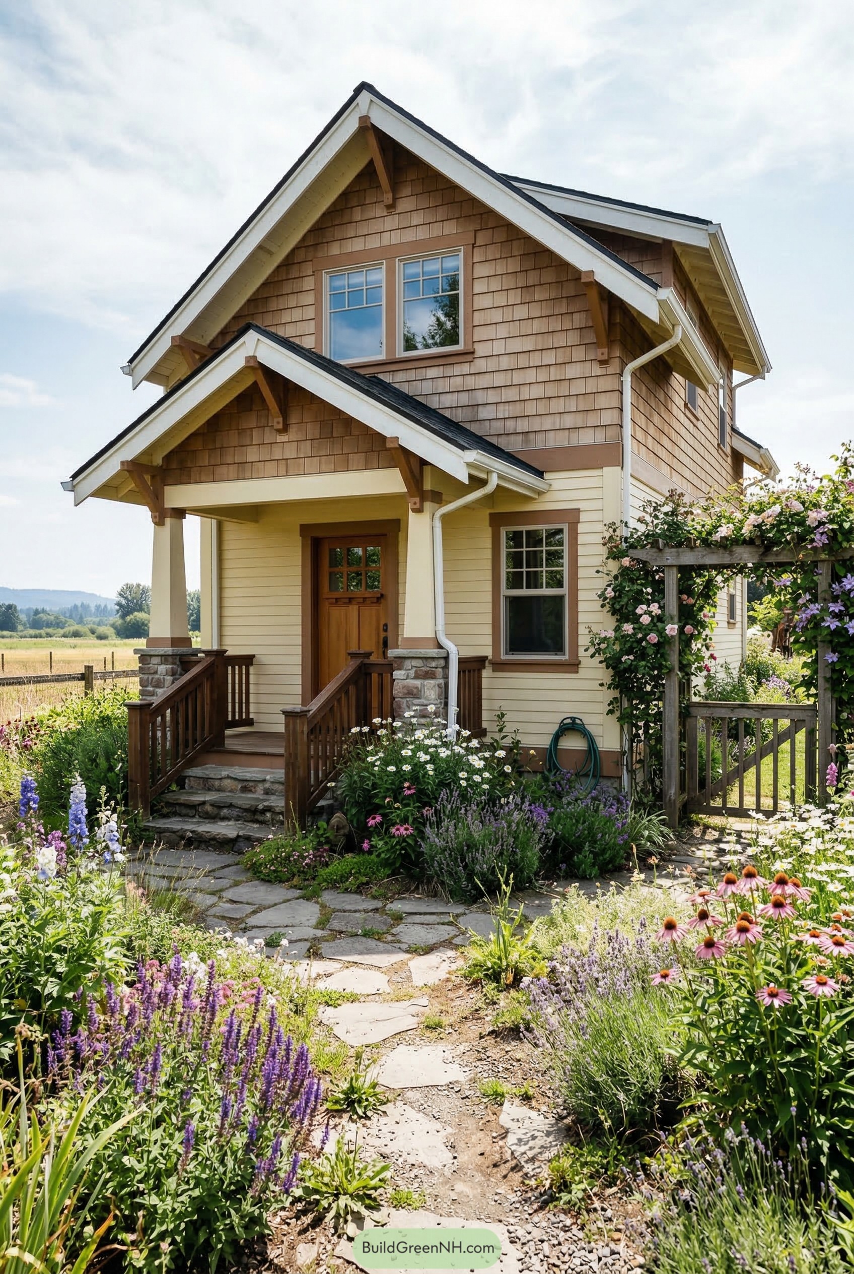 Craftsman cottage with flower garden and arbor