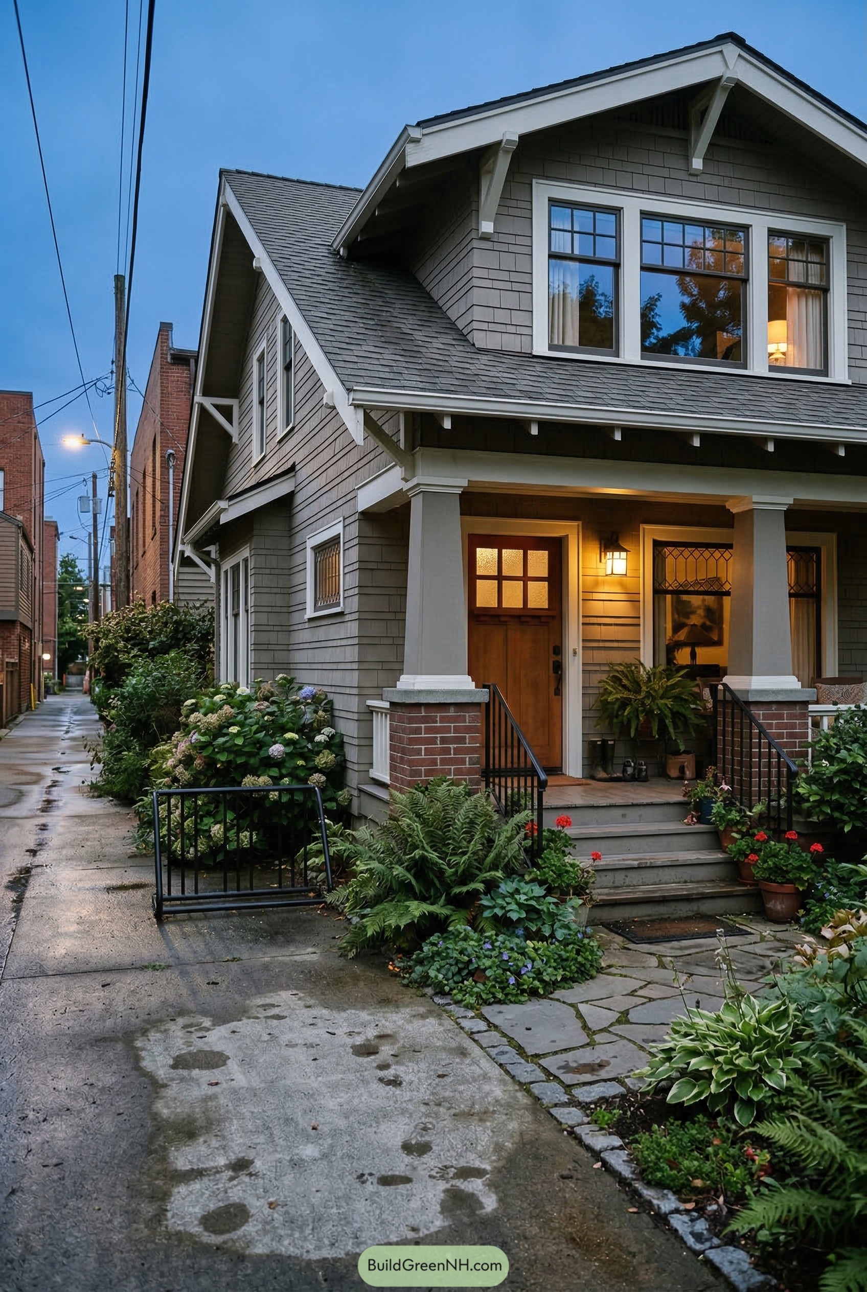 Gray craftsman cottage with covered porch at dusk