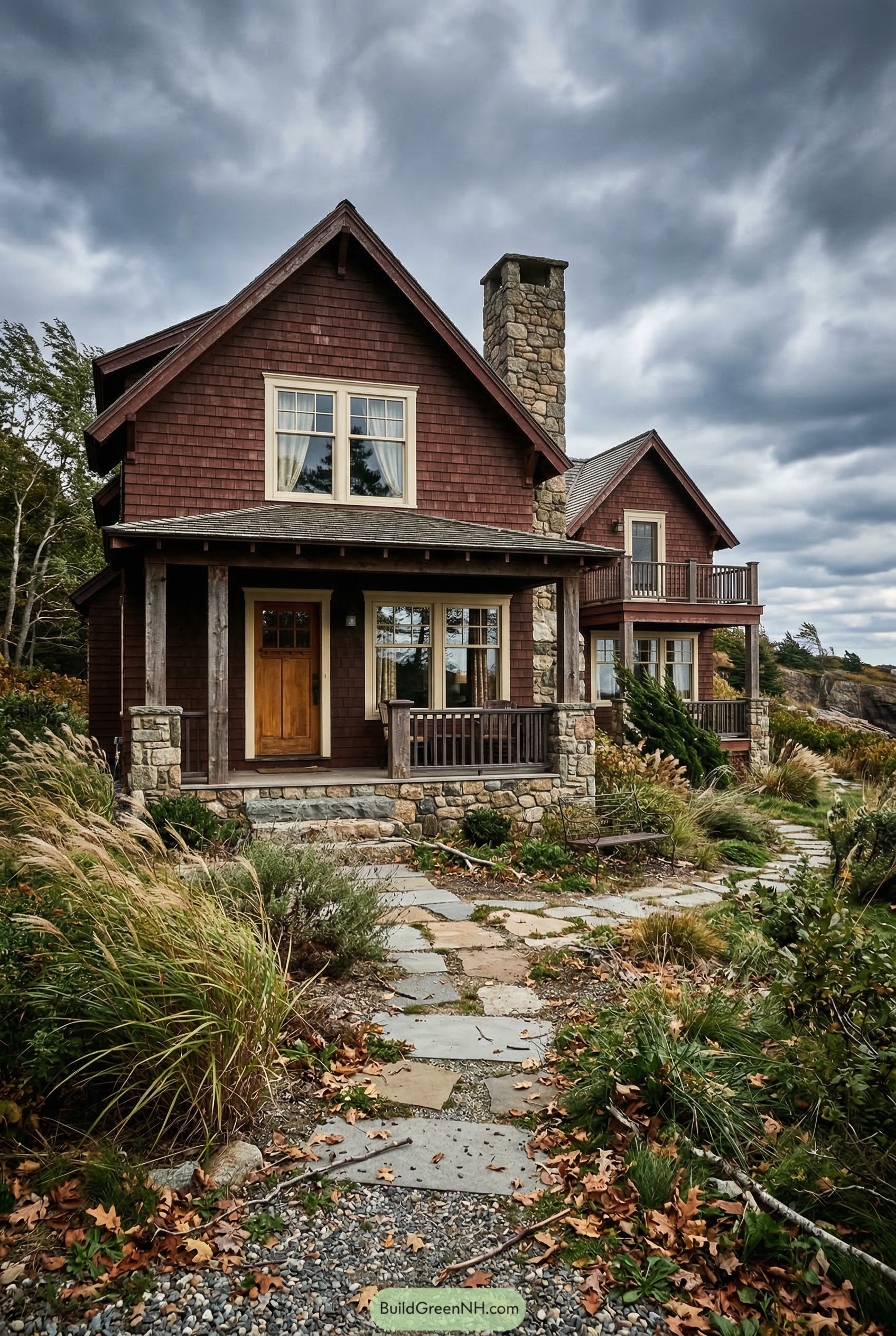 Craftsman cottage with dark shingles stone chimney and porch