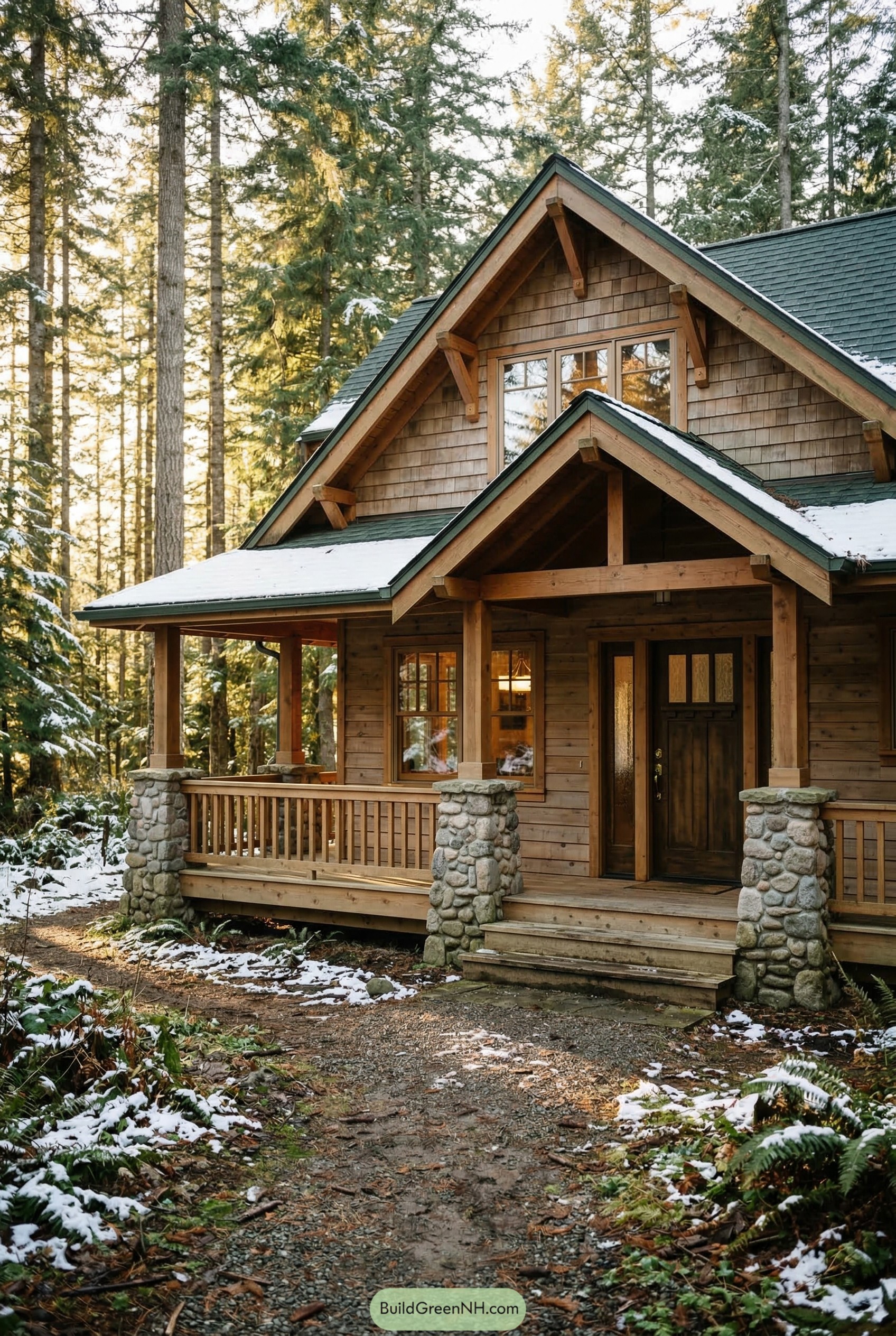Snow-dusted craftsman lodge with stone porch posts