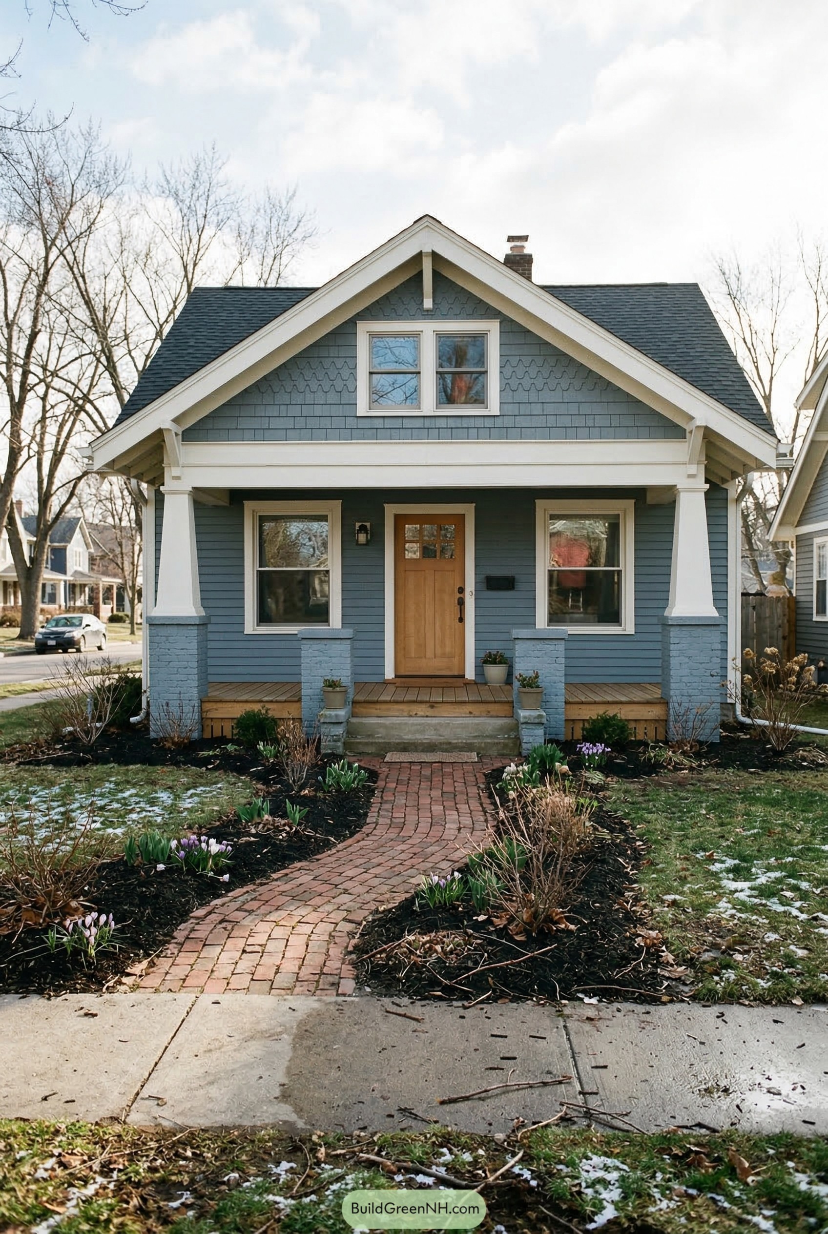 Blue gray craftsman cottage with a curved brick path