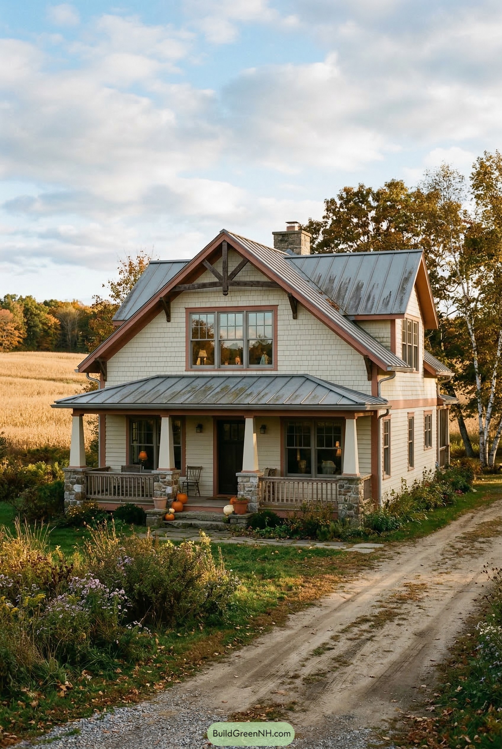 Cream craftsman cottage with metal roof and porch