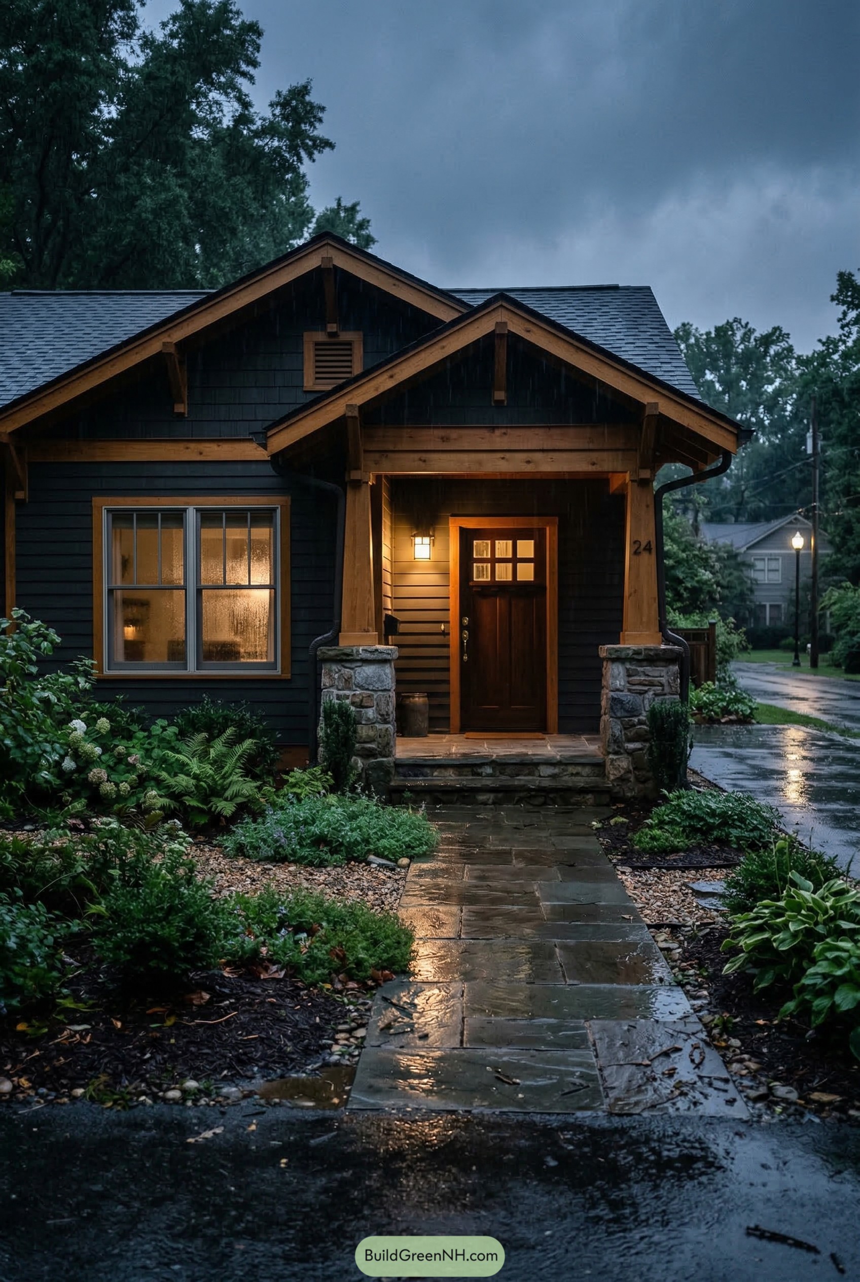 Dark craftsman cottage with stone porch in rain