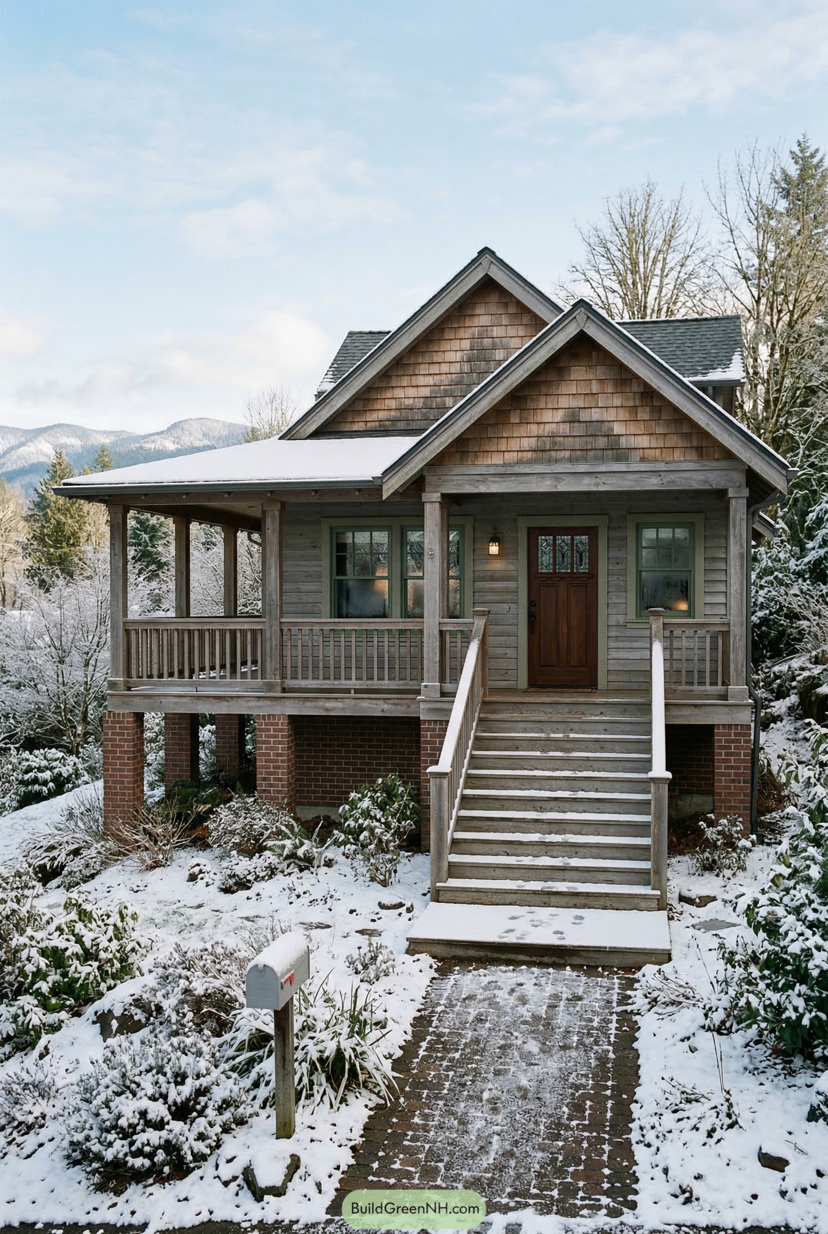 Snowy cottage with raised porch and twin gables