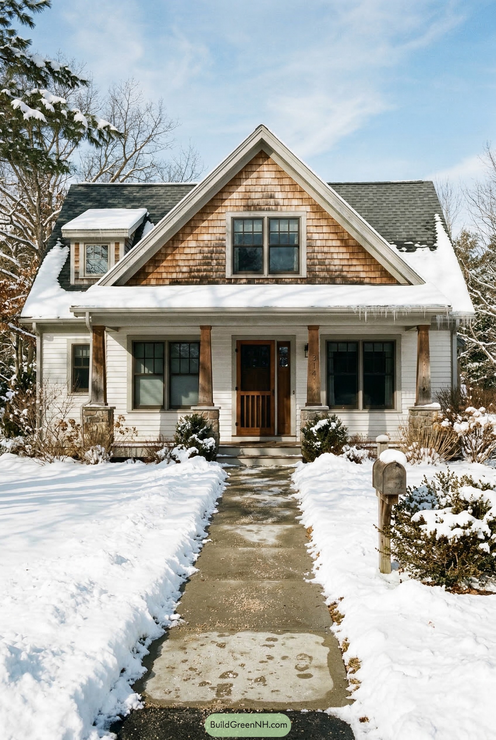 Snowy white craftsman cottage with cedar gable porch