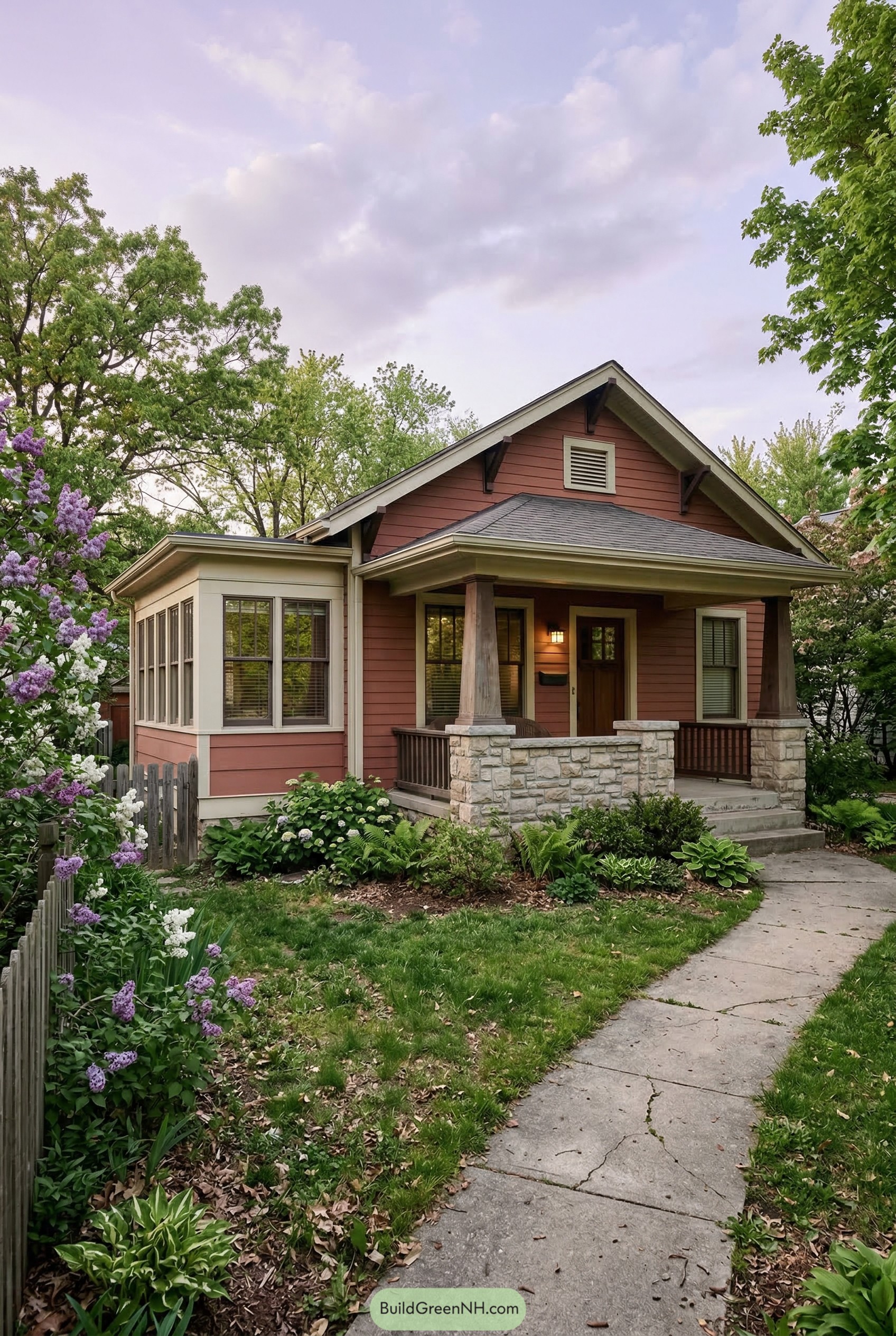 Red craftsman bungalow with stone porch and garden path