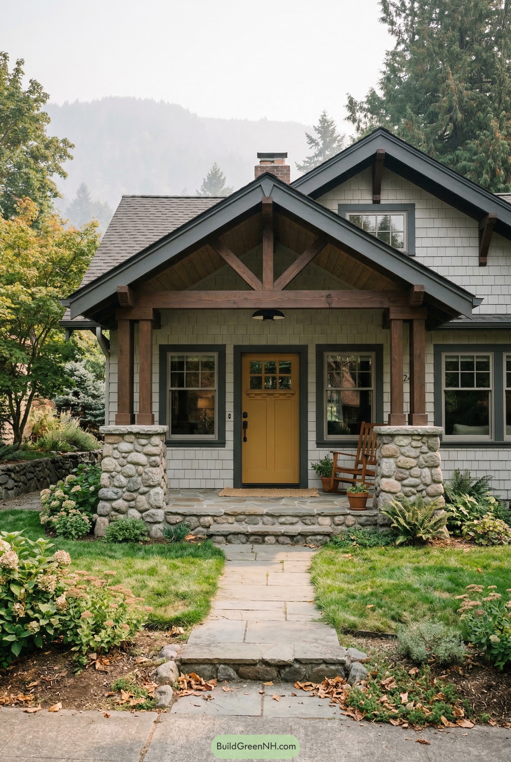 Gray craftsman home with stone porch and yellow door