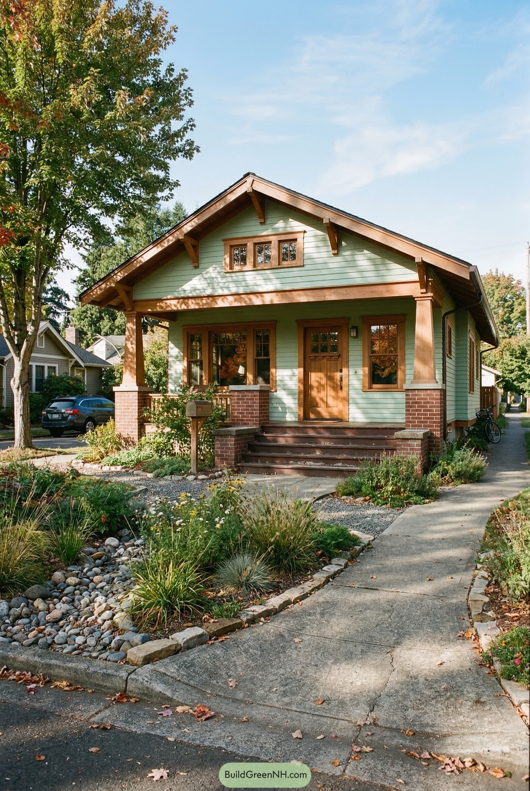 Green craftsman cottage with brick porch piers