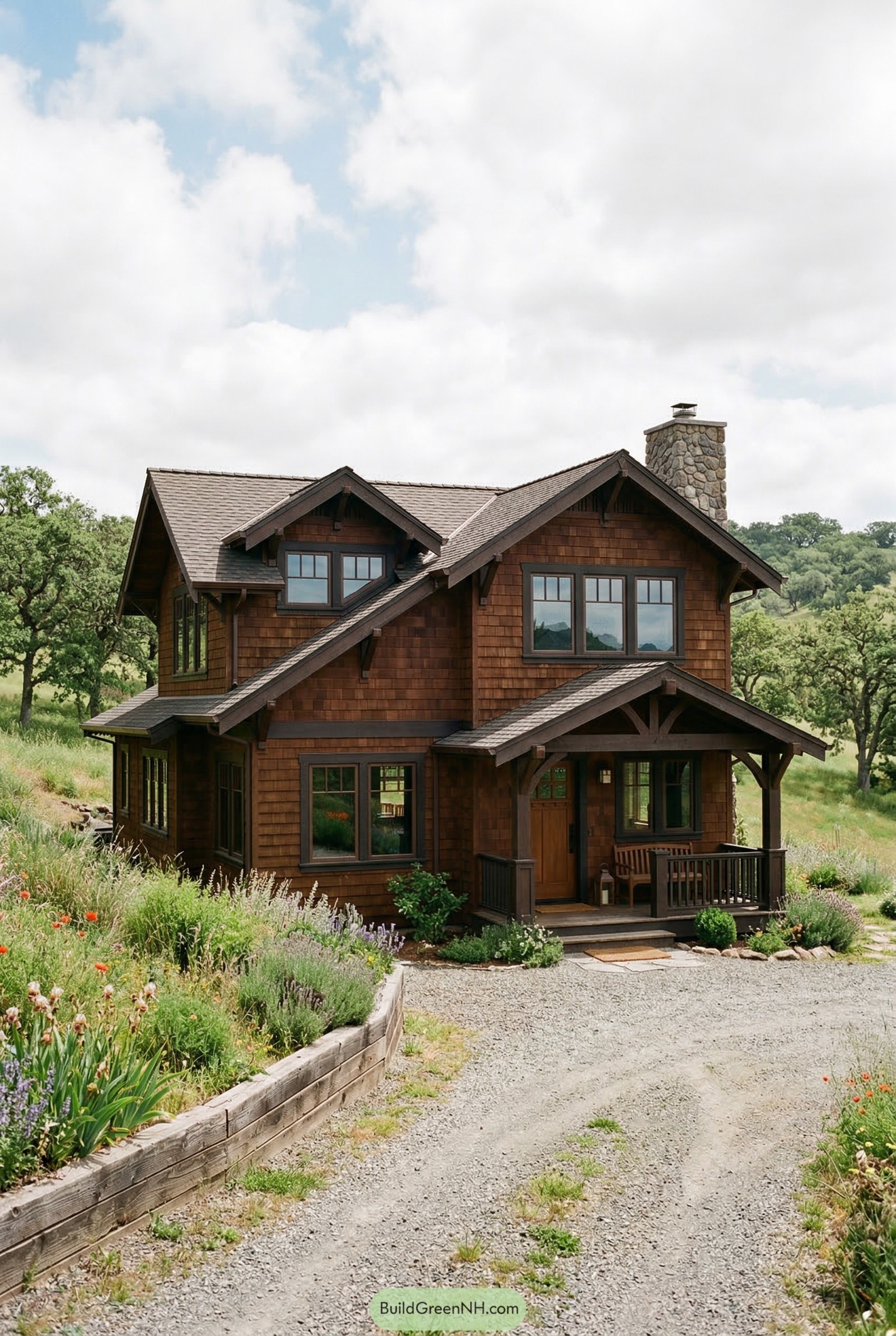 Dark shingle craftsman cottage with stone chimney