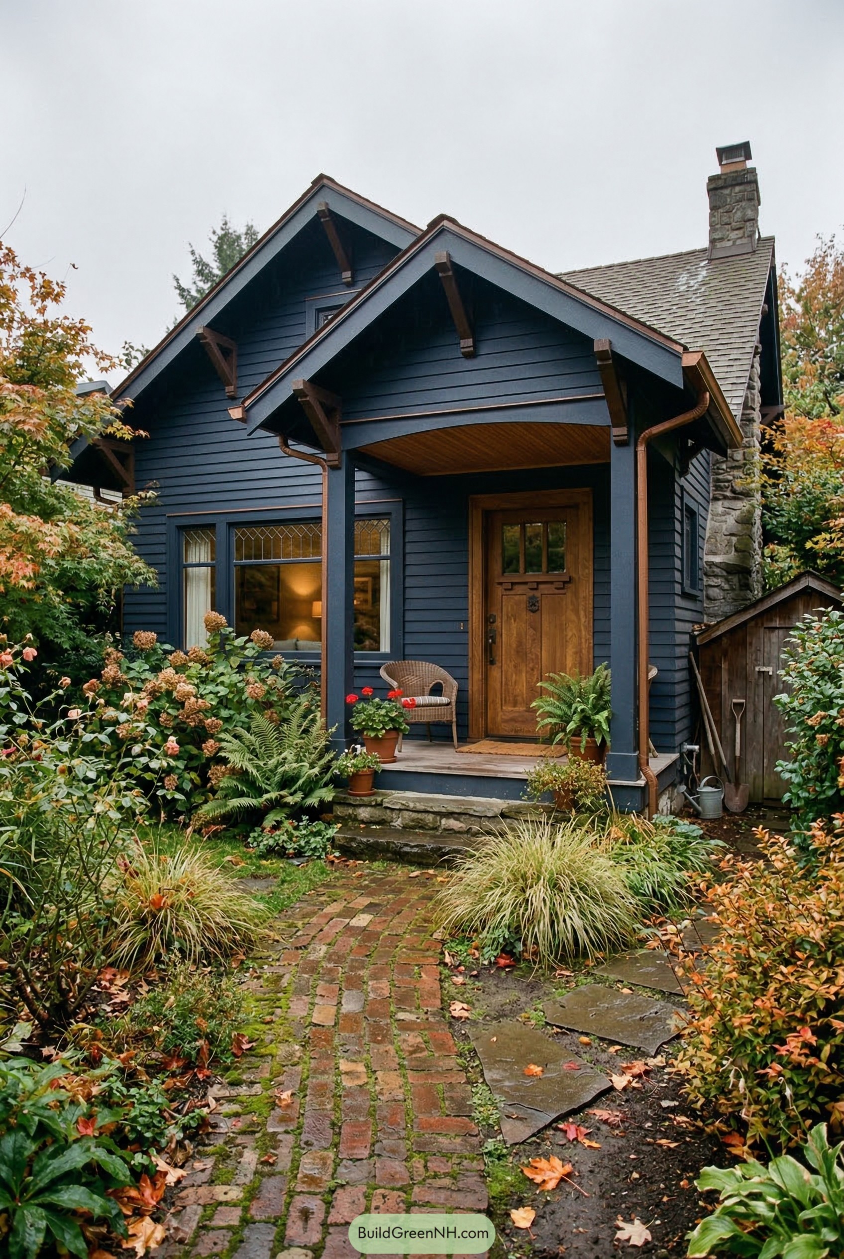 Dark blue craftsman cottage with brick path