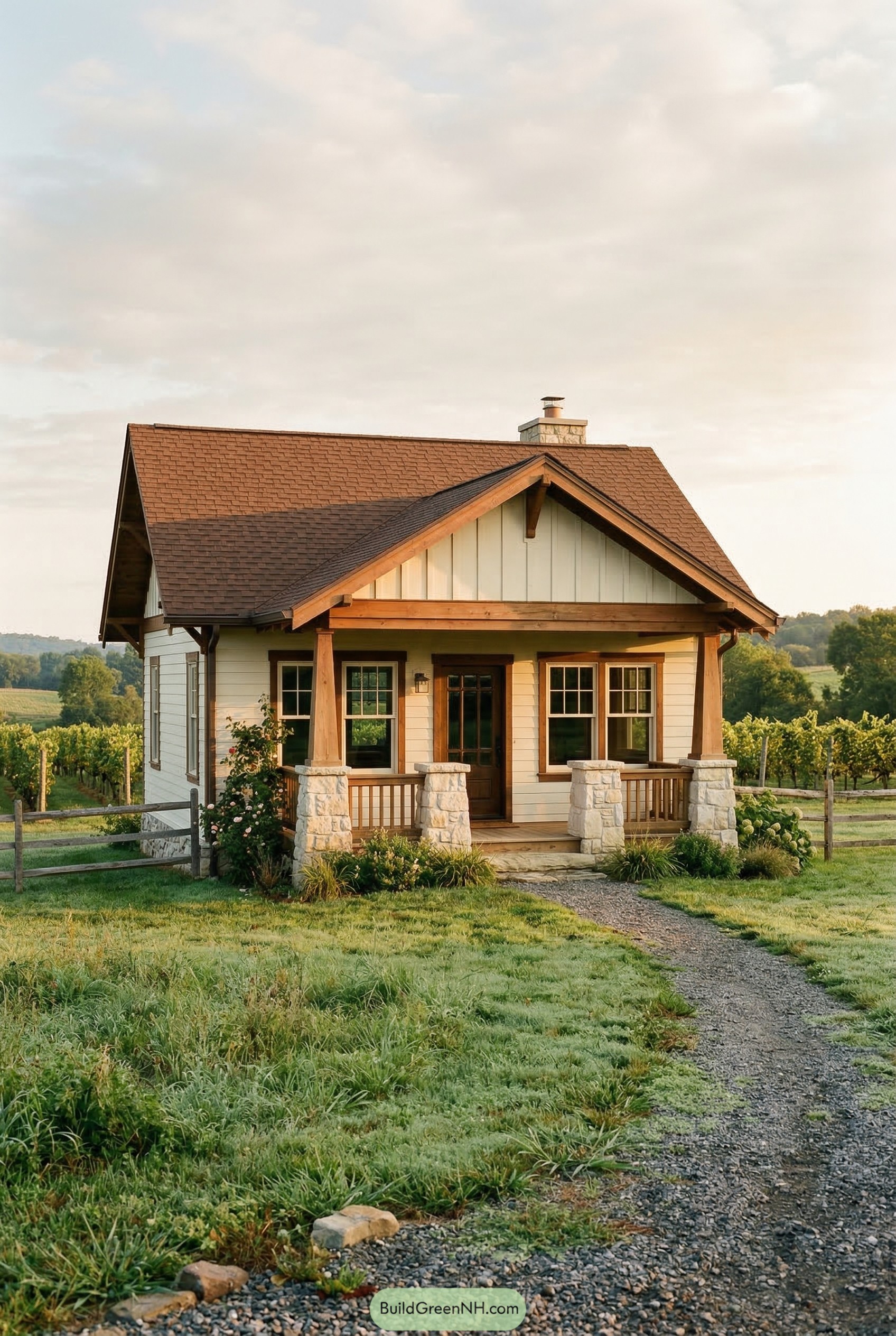 Small white craftsman cottage with stone porch