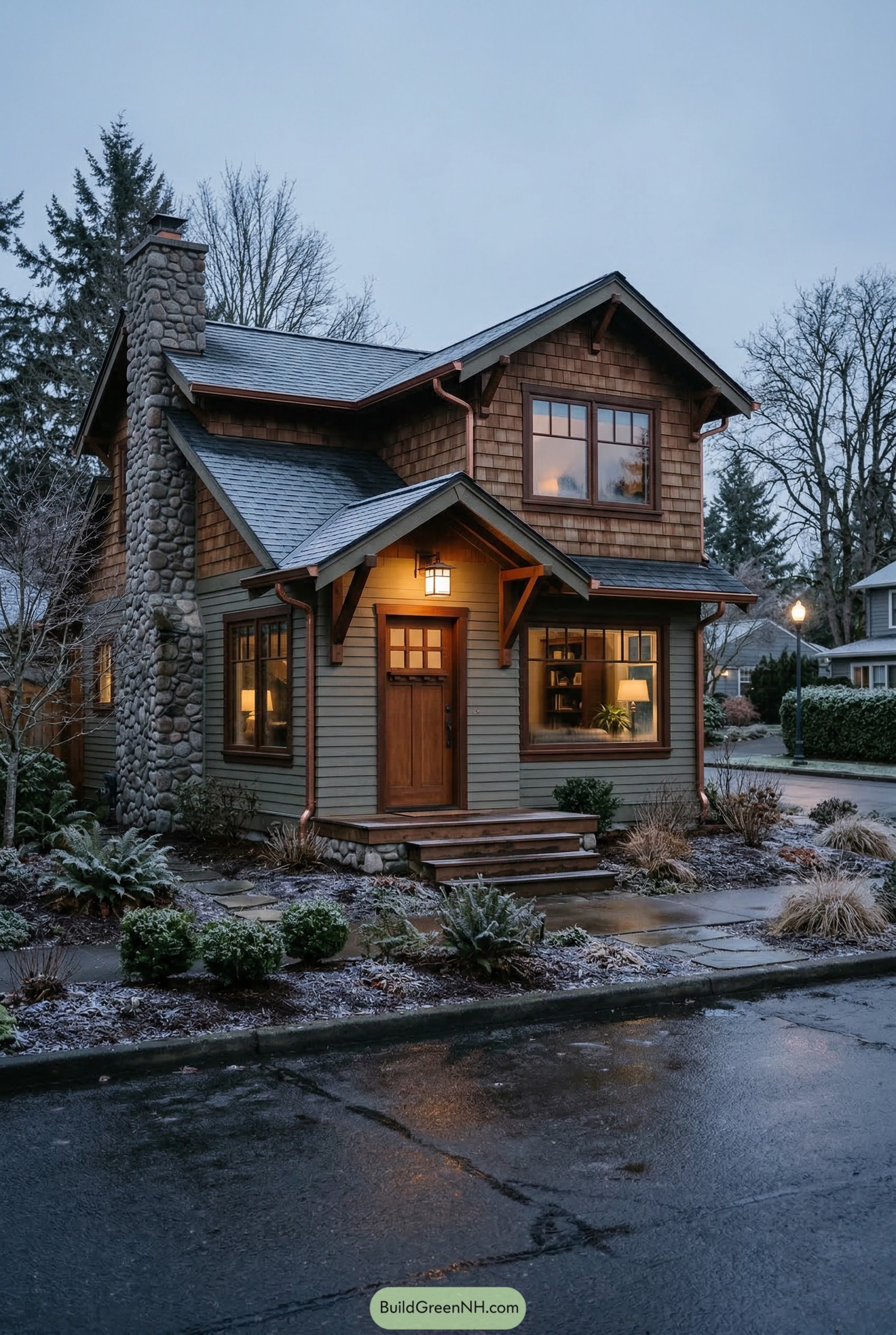 Two story craftsman cottage with stone chimney