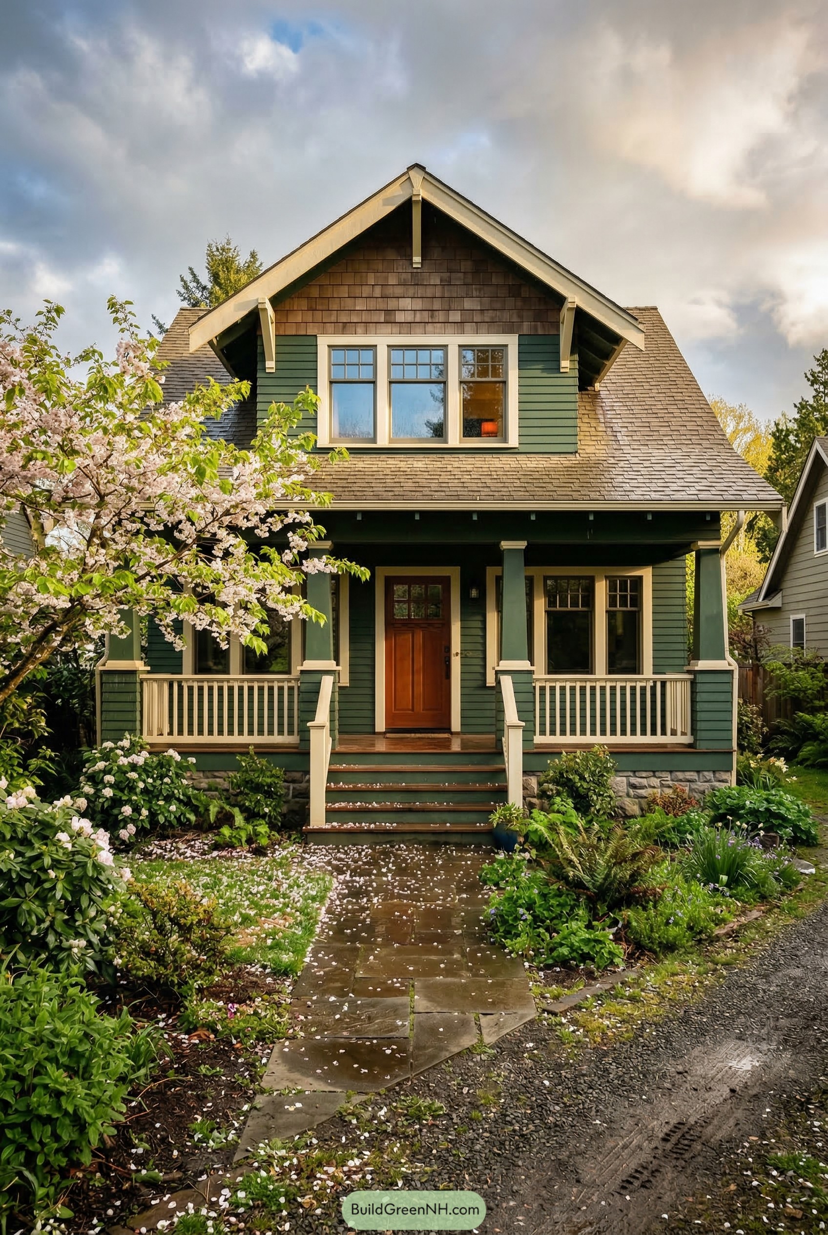 Green craftsman cottage with blooming tree