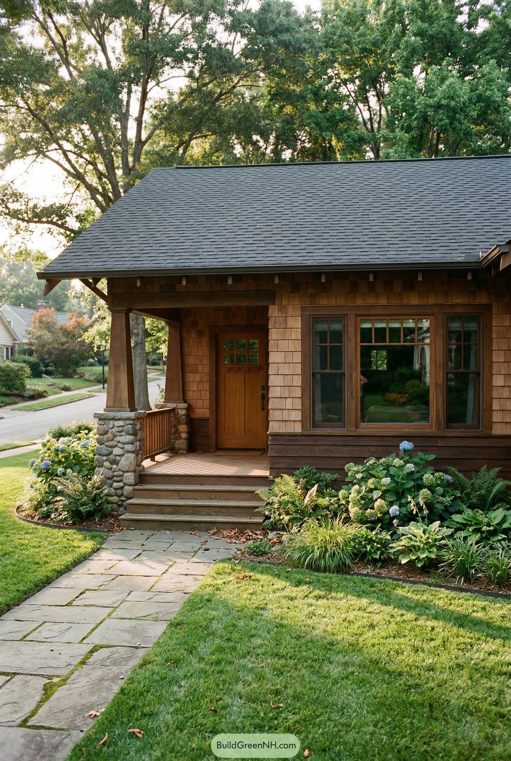 Craftsman cottage with cedar shingles stone porch and broad roof