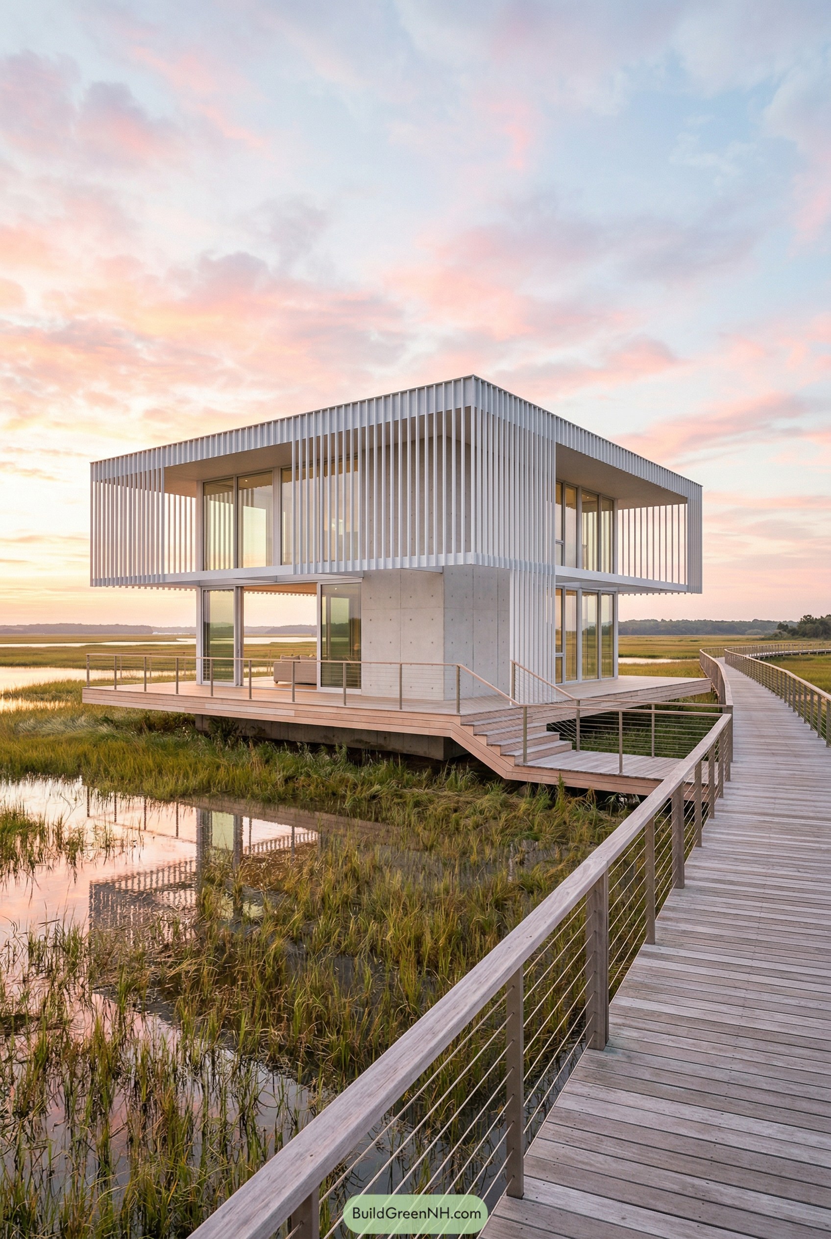 Modern cube shaped marsh villa with full height louvers and surrounding deck at sunset