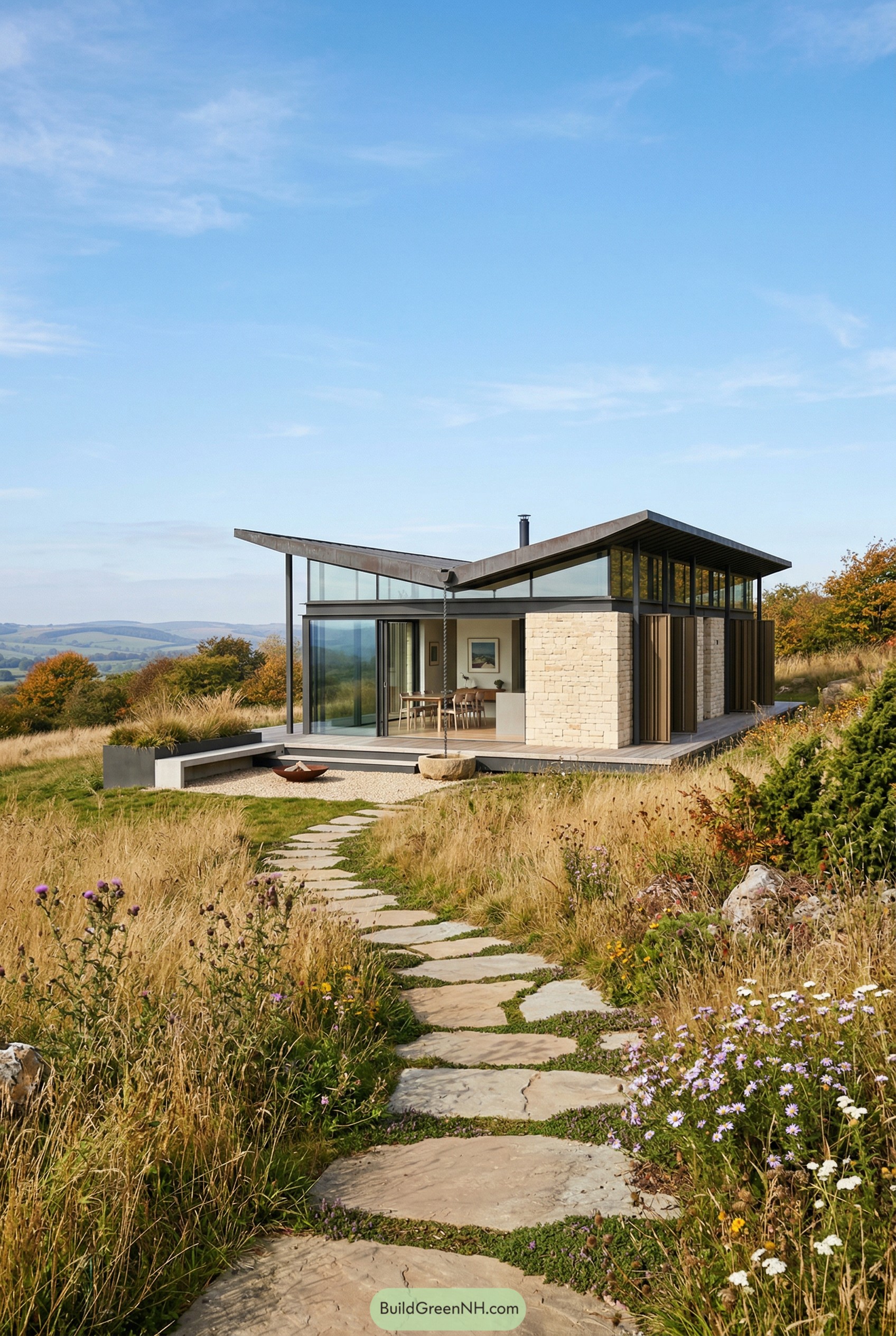 Depict a fully visible modern summer villa perched on a high meadow in early autumn, surrounded by tall grasses and wildflowers under crisp blue light; the architecture is a contemporary pavilion of pale limestone blocks and glass with a butterfly roof in dark titanium metal directing rain to a central chain fountain, featuring vertical bronze screens that pivot for sun control and a seamless indoor–outdoor threshold via recessed track sliders; the approach is a serpentine path of large flat stones set in thyme groundcover, leading to a shaded terrace with a built-in concrete bench and a fire bowl recessed into a gravel court, with distant hills softly layered behind the complete, unobstructed house, single real-life photo taken on the spot, full-frame, 28mm, f/8, ISO 100, editorial architecture photography, no people, no animals, no text, strictly no collages.