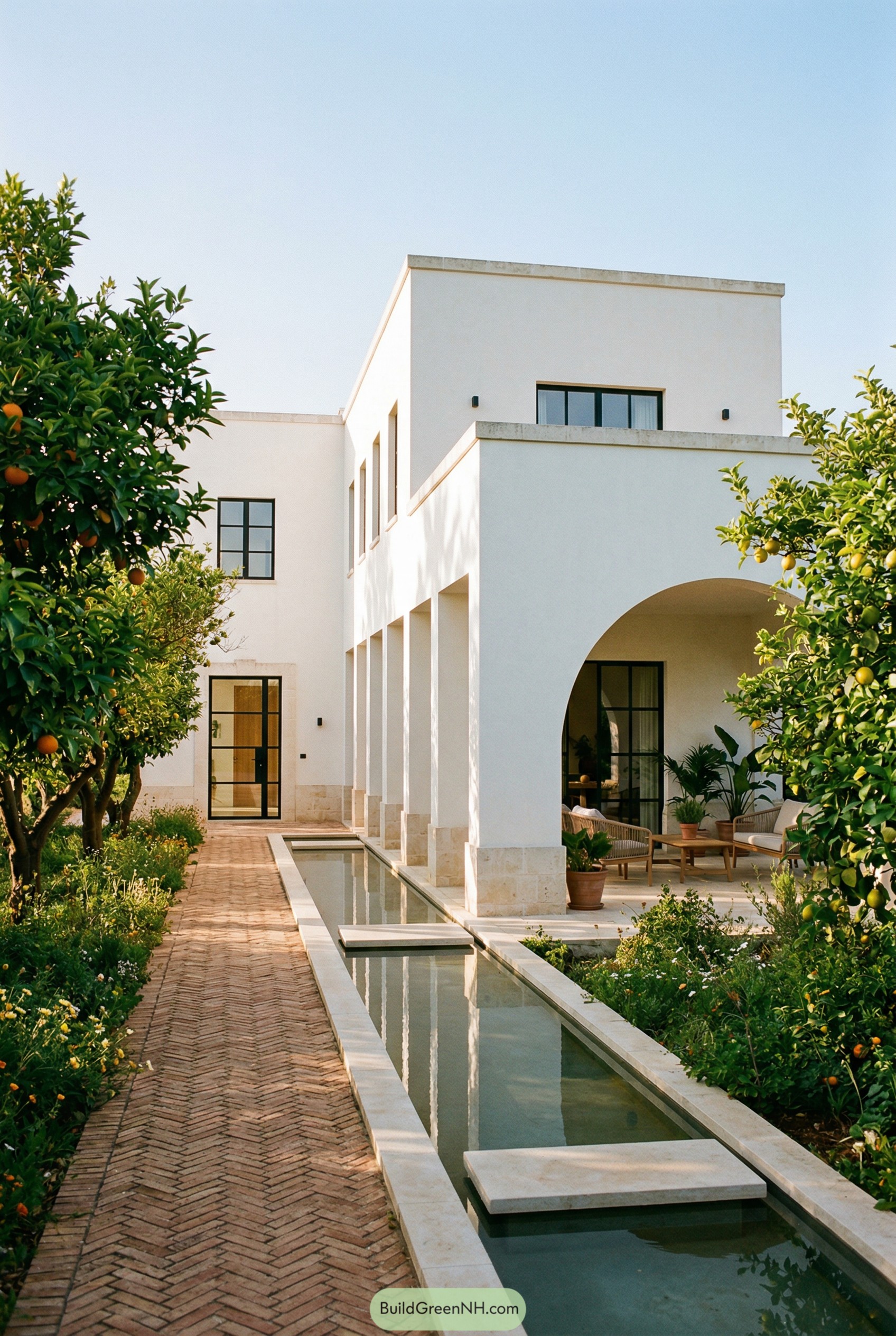 Modern white villa with arched covered terrace, long reflecting pool, and citrus-lined garden path
