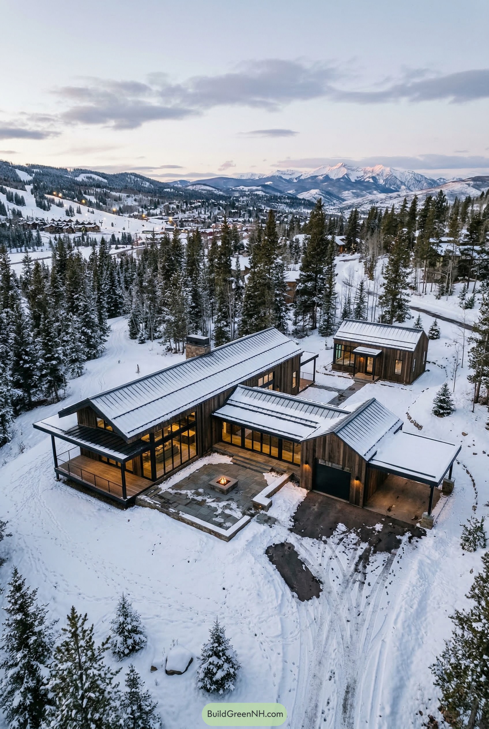 Modern alpine mansion in snowy pine forest