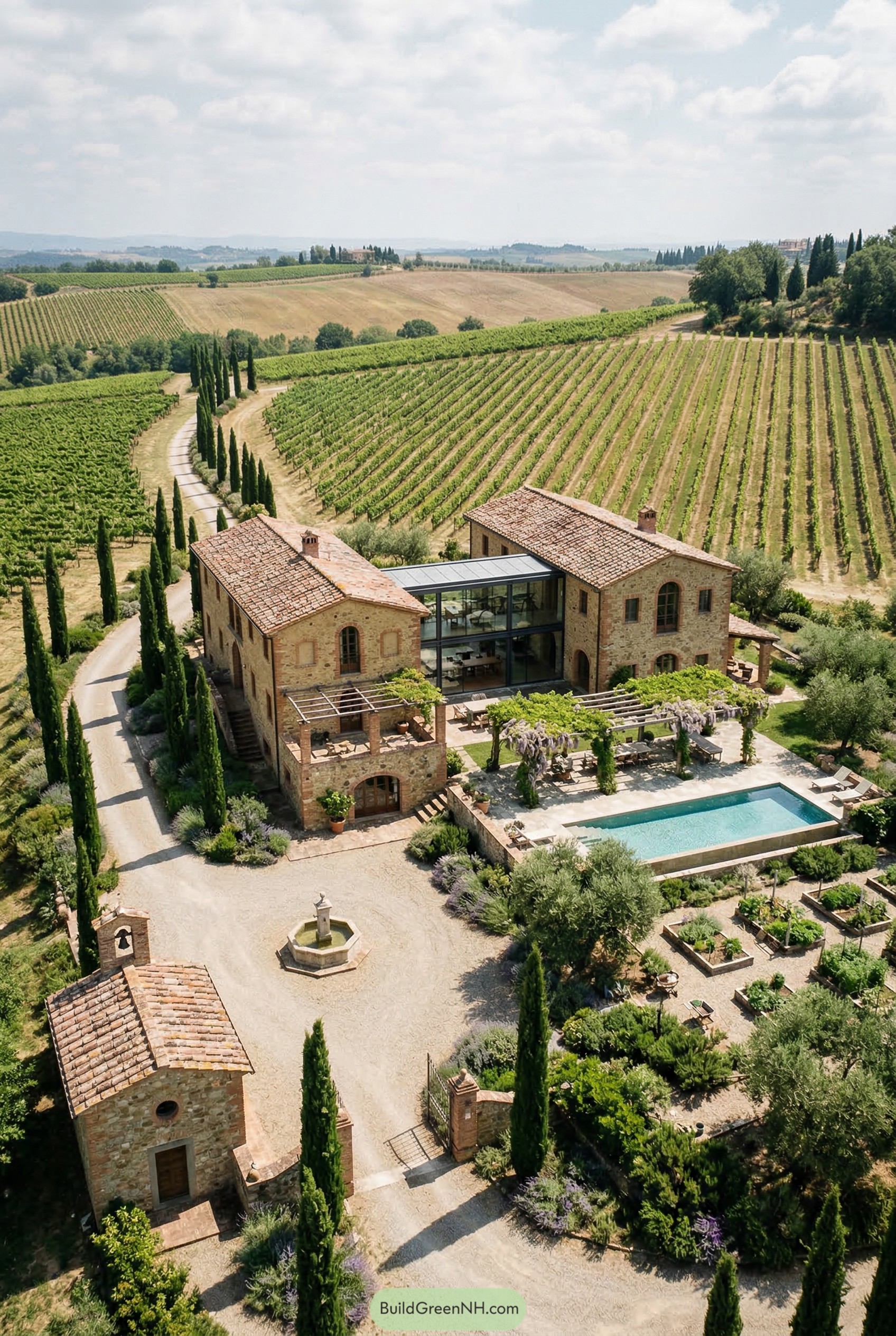 Stone vineyard farmhouse with pool and cypress drive