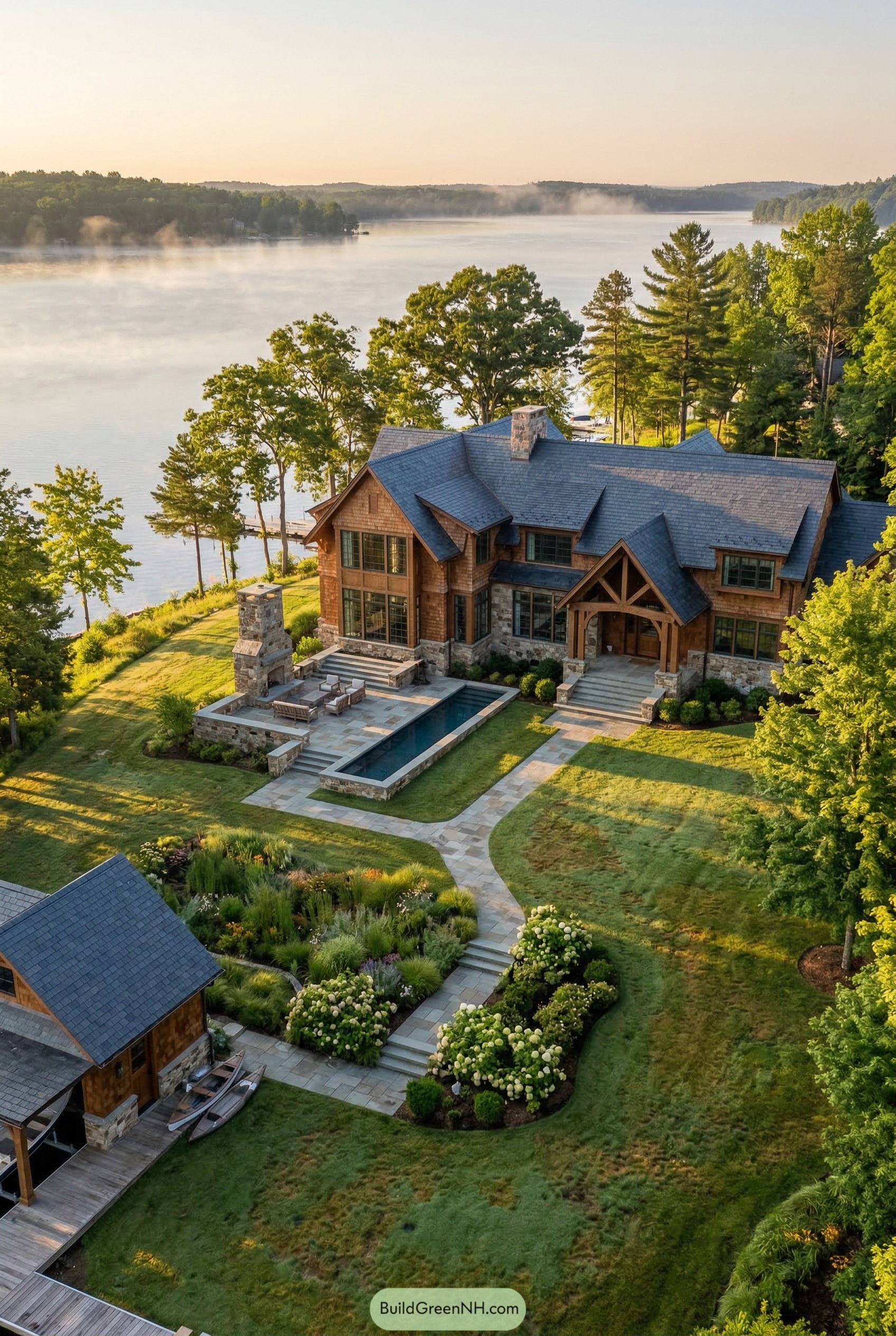 Lakefront timber lodge with stone terrace and pool