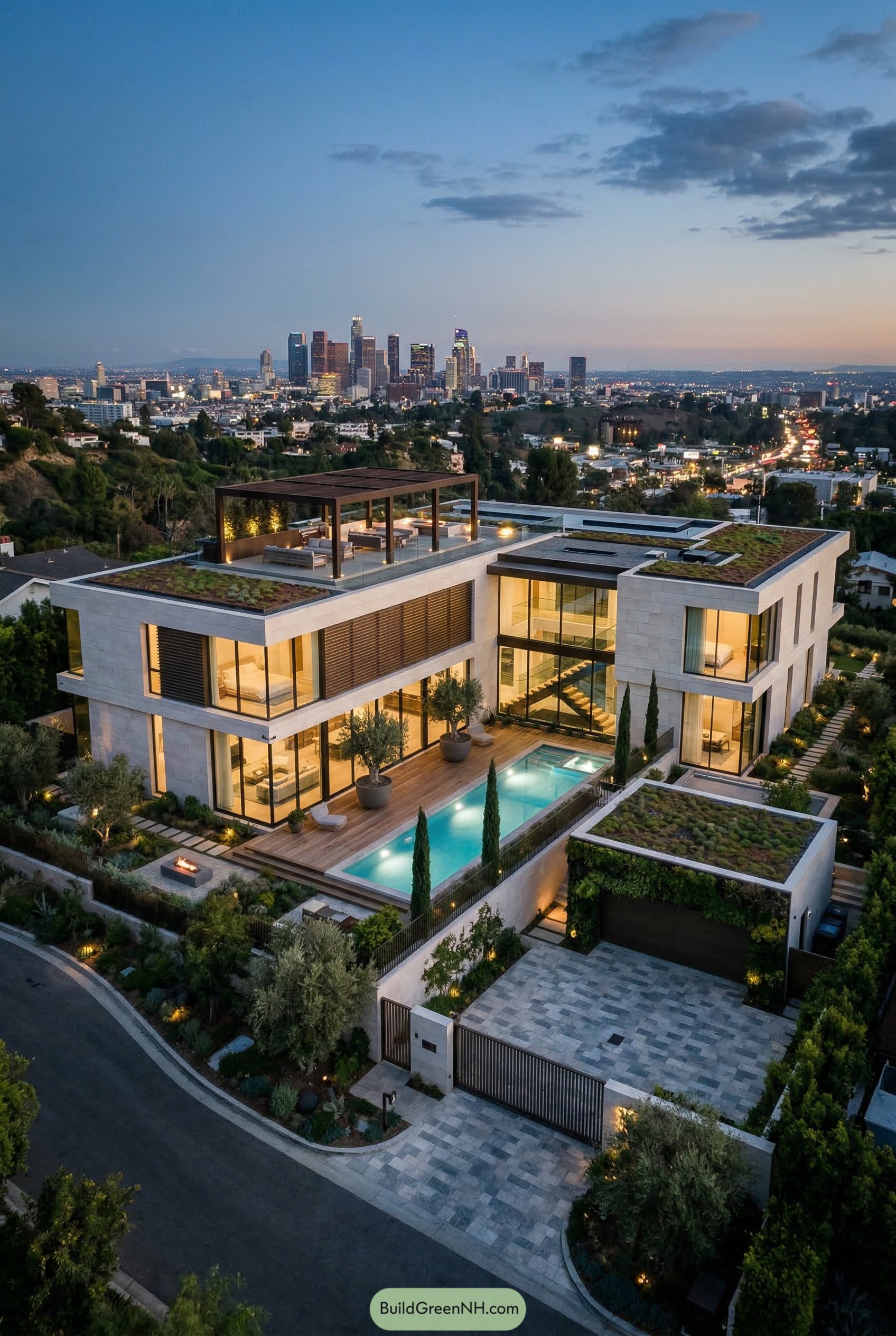 Contemporary hillside villa with a rooftop deck and pool facing the city skyline