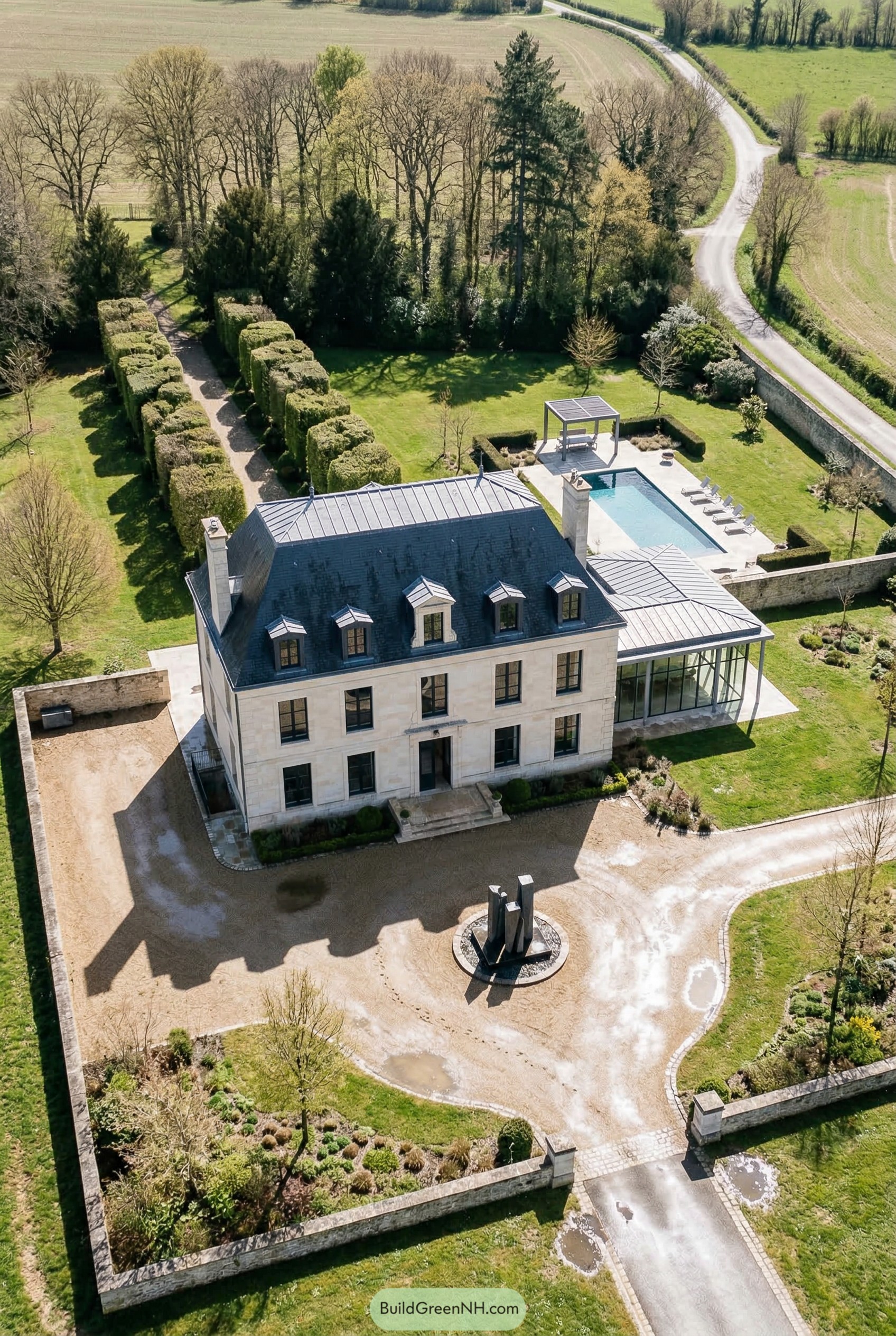 French stone manor with pool and clipped hedges
