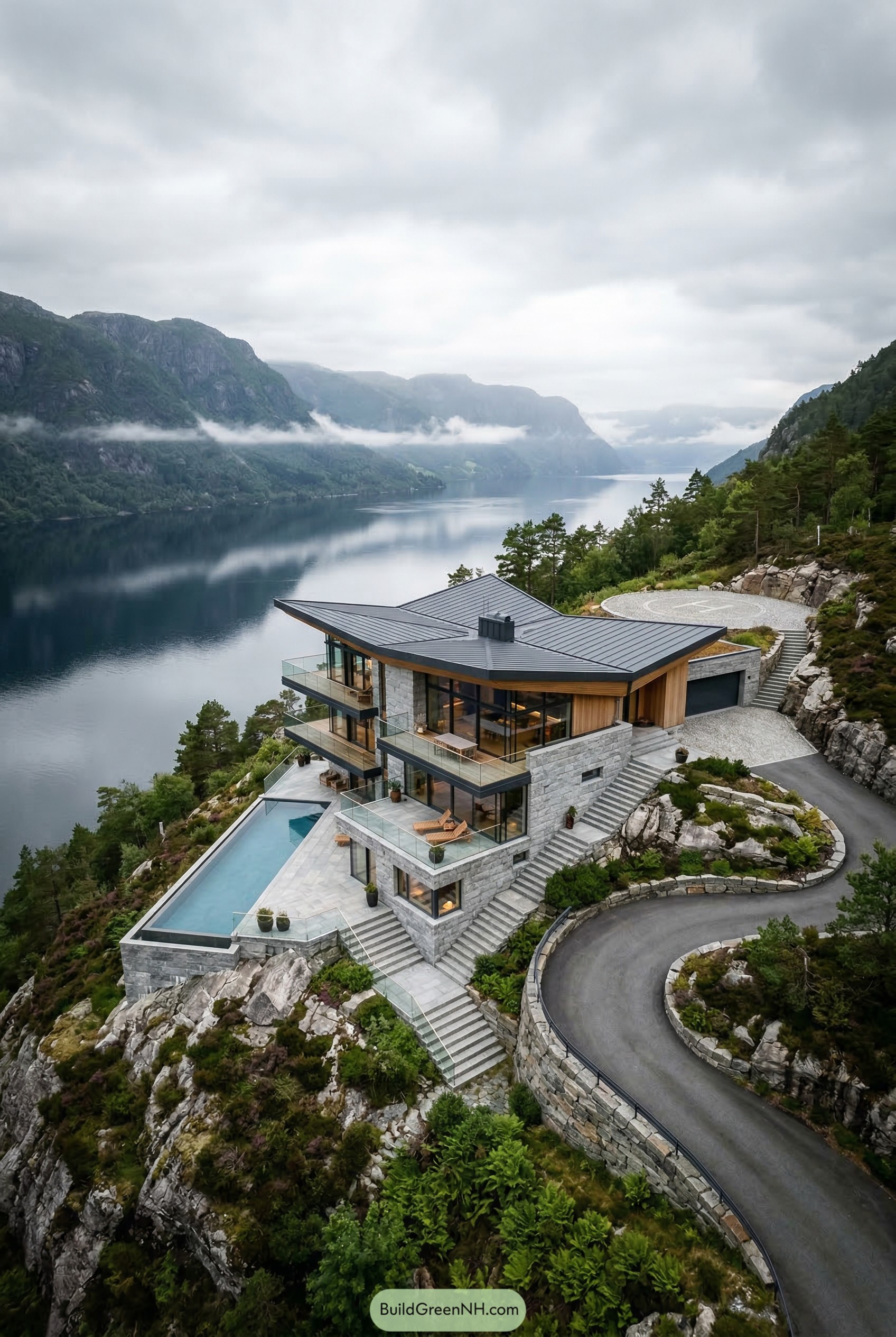 Modern cliffside villa with pool above a fjord