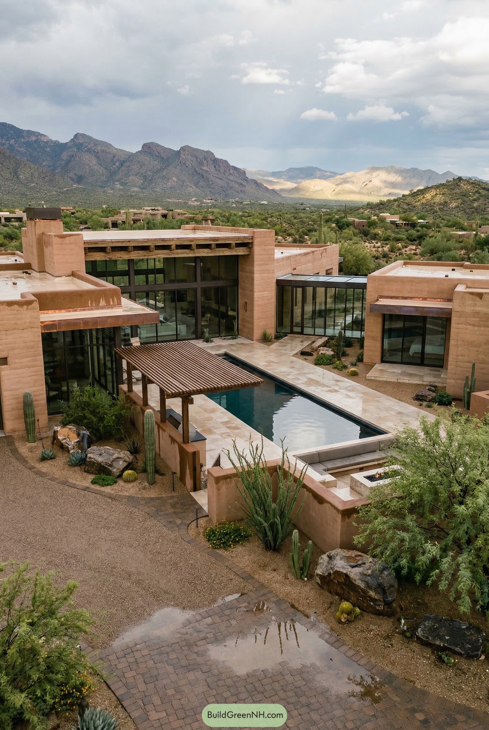 Modern desert courtyard home with pool and mountain backdrop
