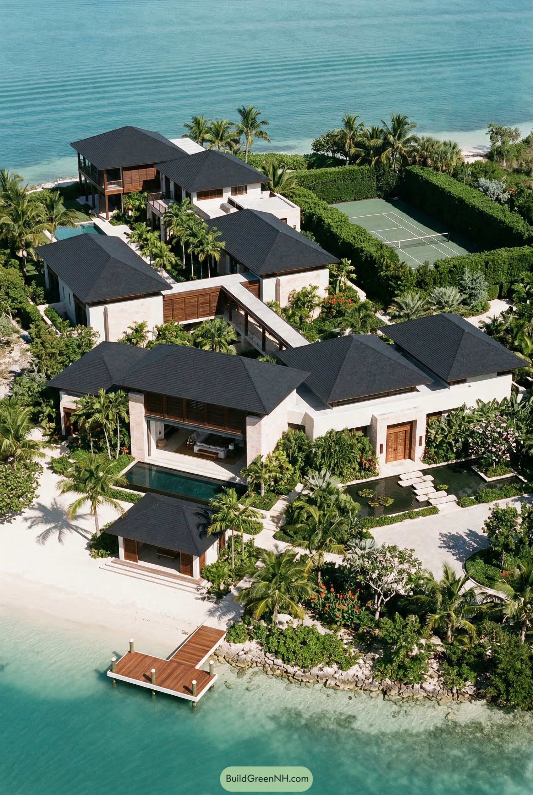 Aerial view of tropical beachfront estate with pavilions pool tennis court and dock