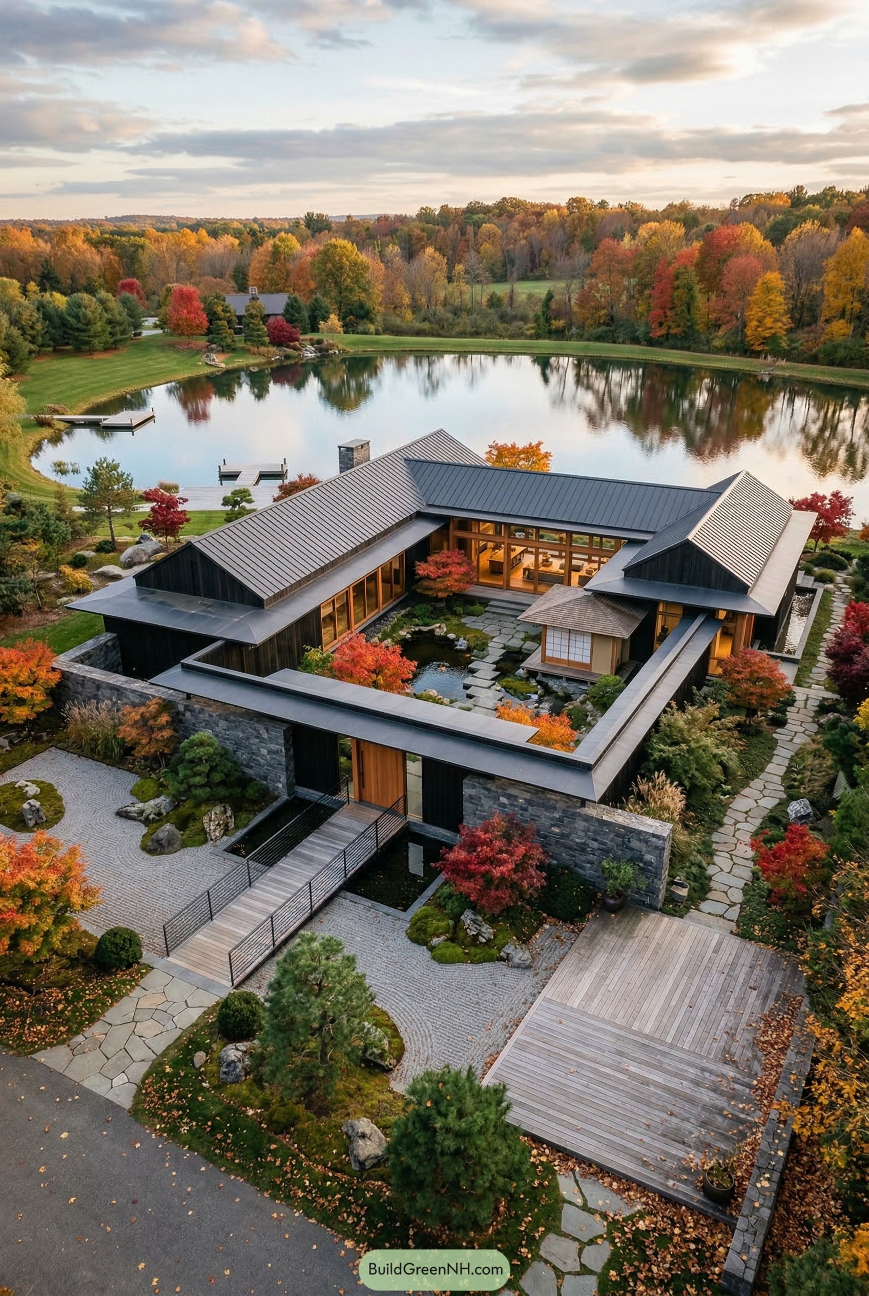 Modern Japanese courtyard home beside an autumn lake