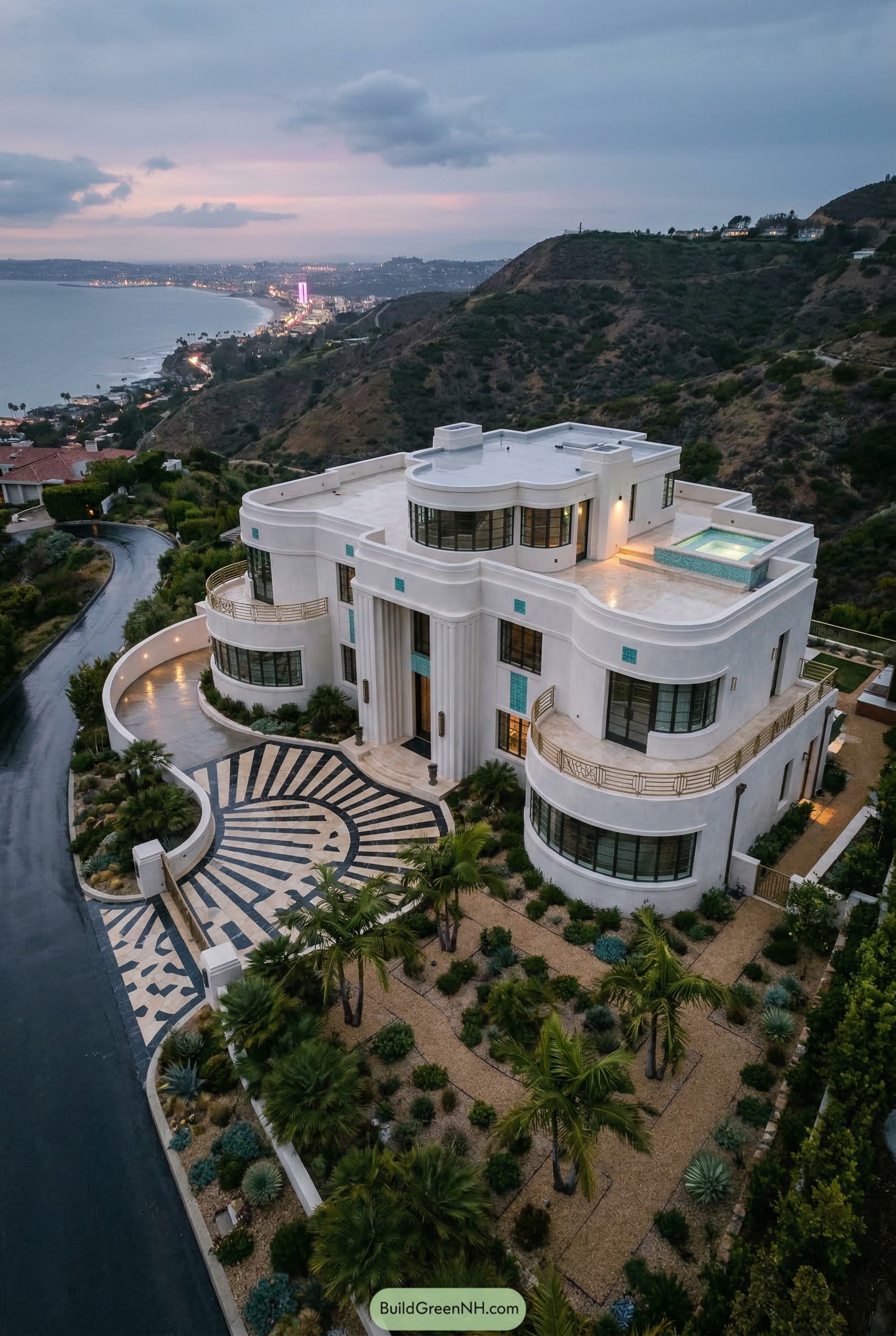 White Art Deco mansion on a coastal hillside