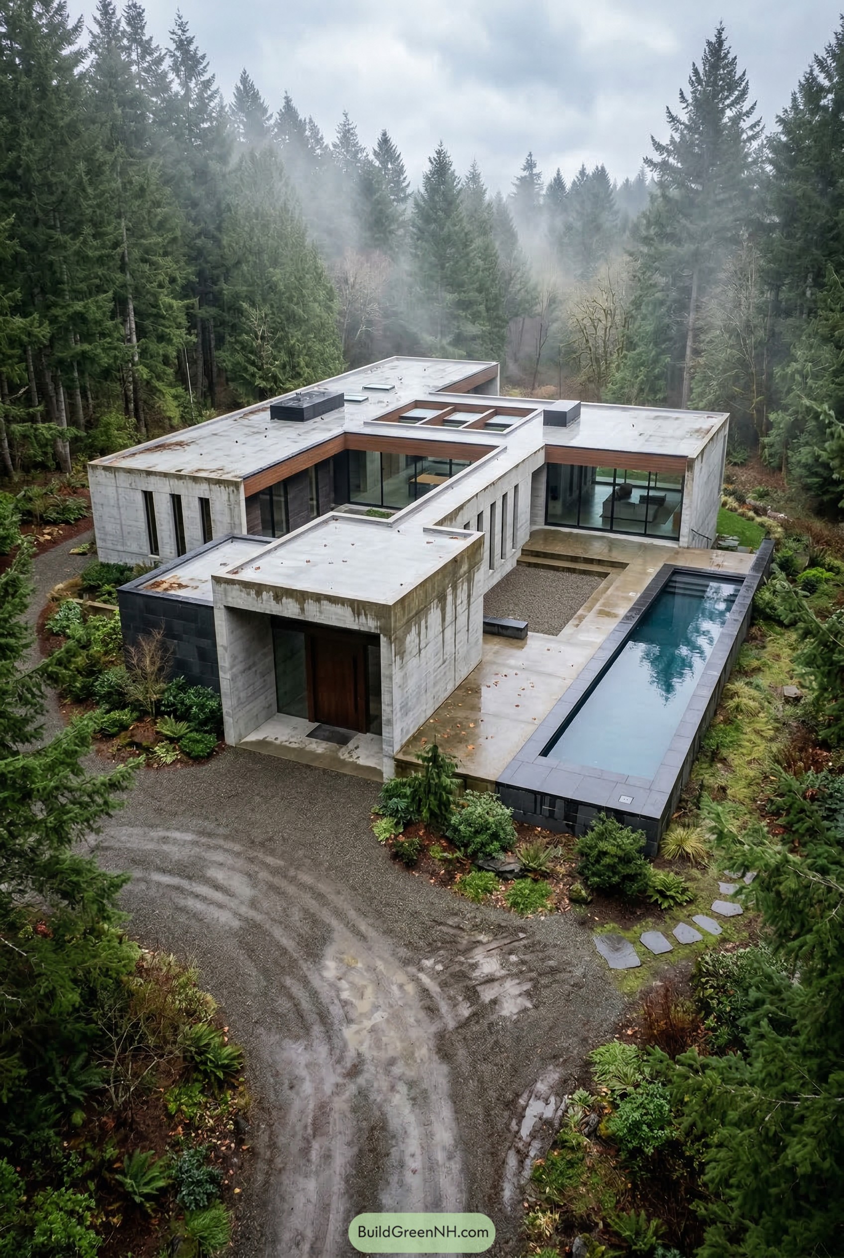 Modern concrete forest house with lap pool