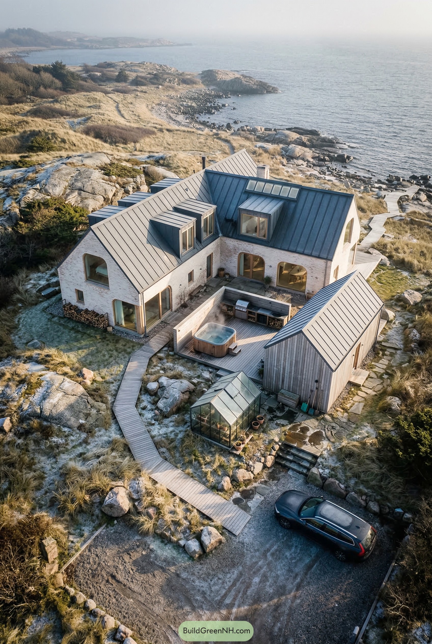 Coastal courtyard home on rocky shore