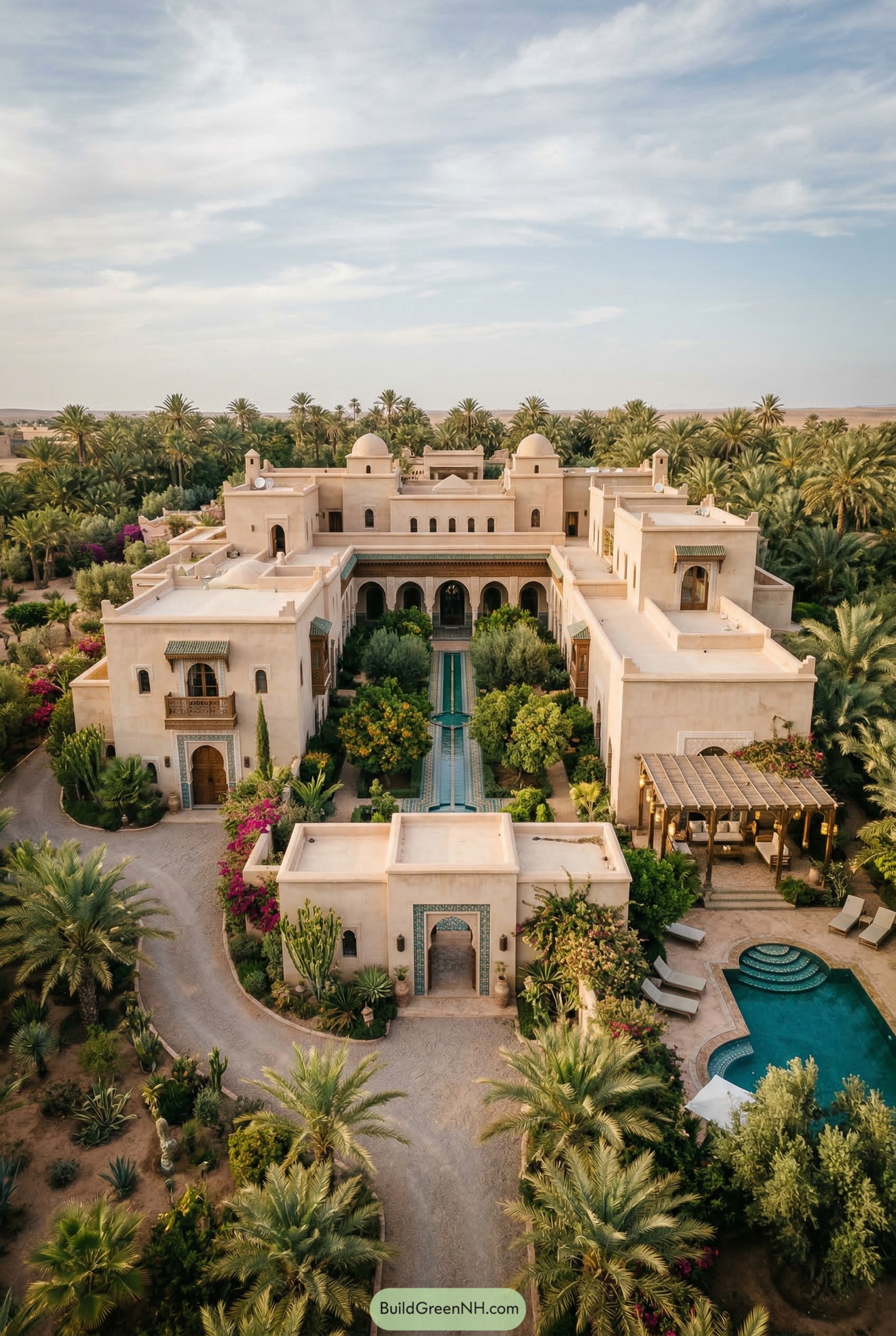 Desert riad mansion with palm courtyard and pool