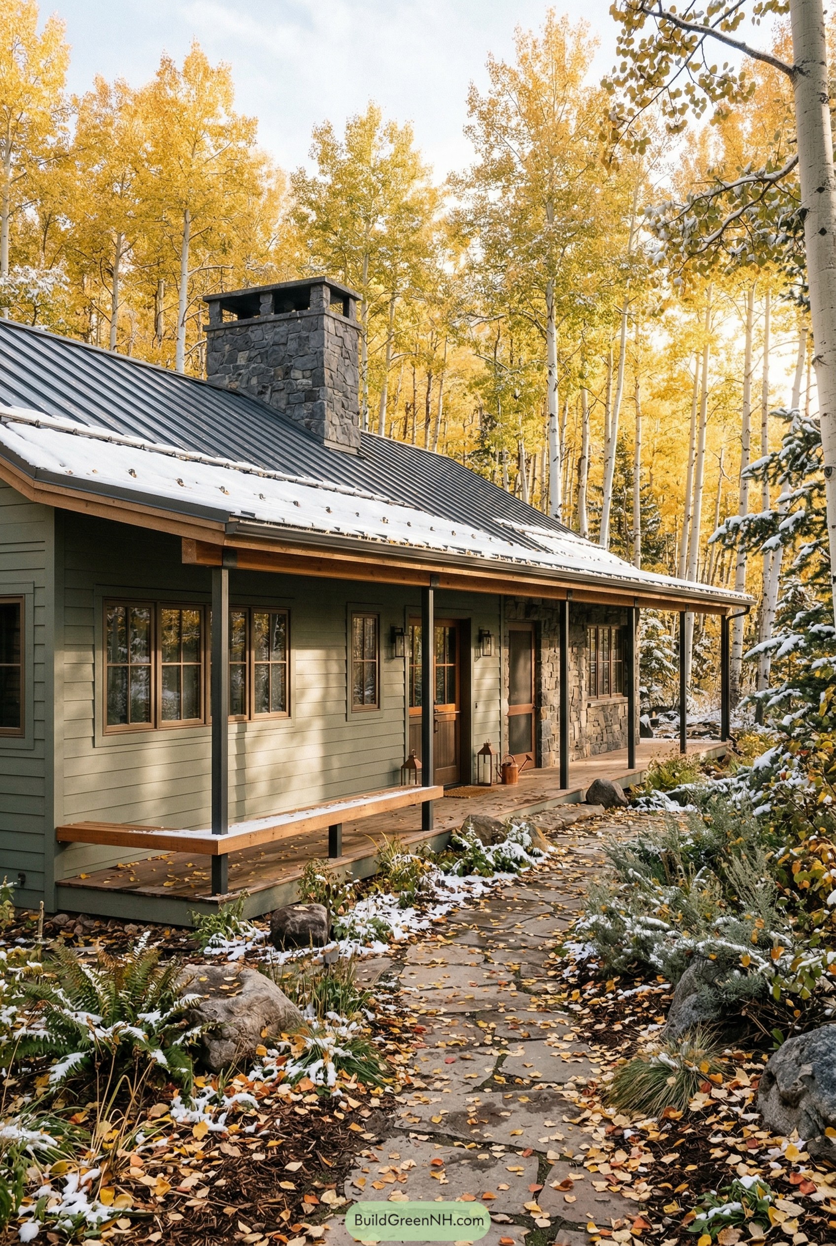 Green ranch house with stone chimney in snowy aspens