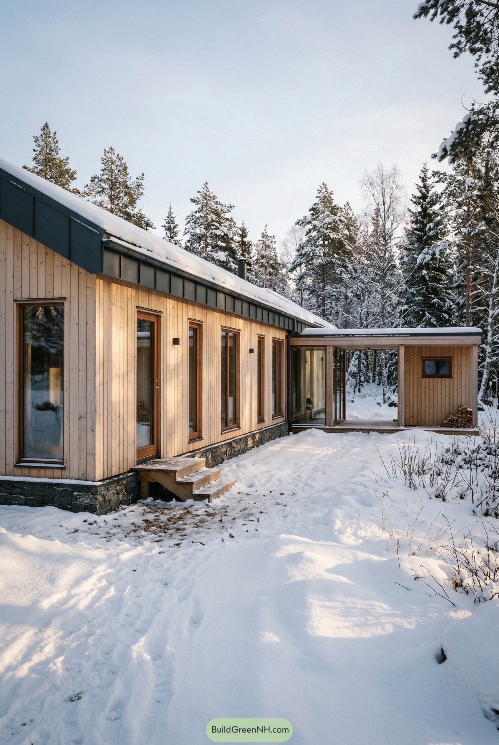 Long timber ranch with breezeway in snow